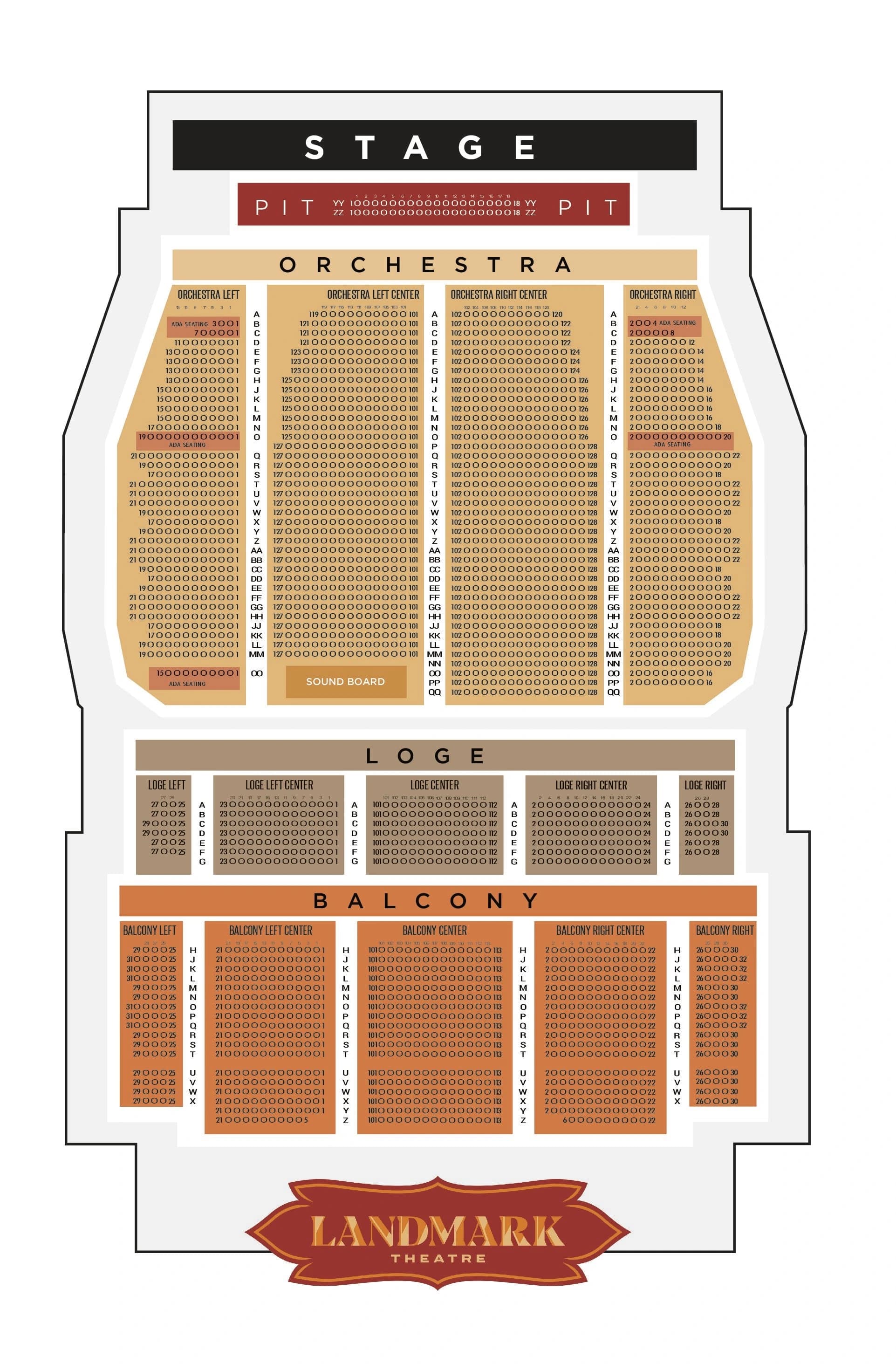 Landmark Theatre: Seating chart, Theatre. Use the source chart for section and row details.