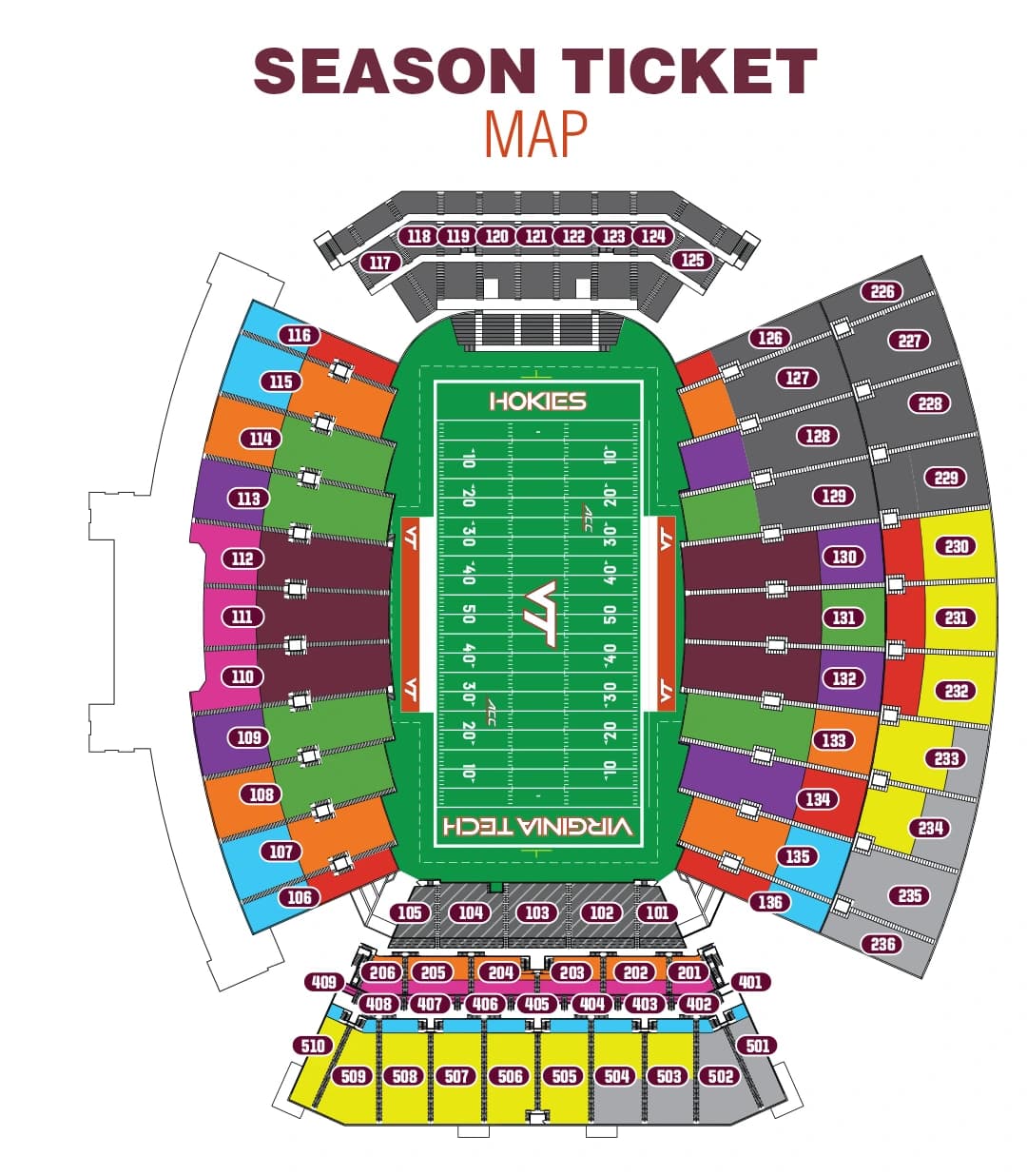Lane Stadium: Seating chart, Lane Stadium — current official season-ticket section map. Use the source chart for section and row details.