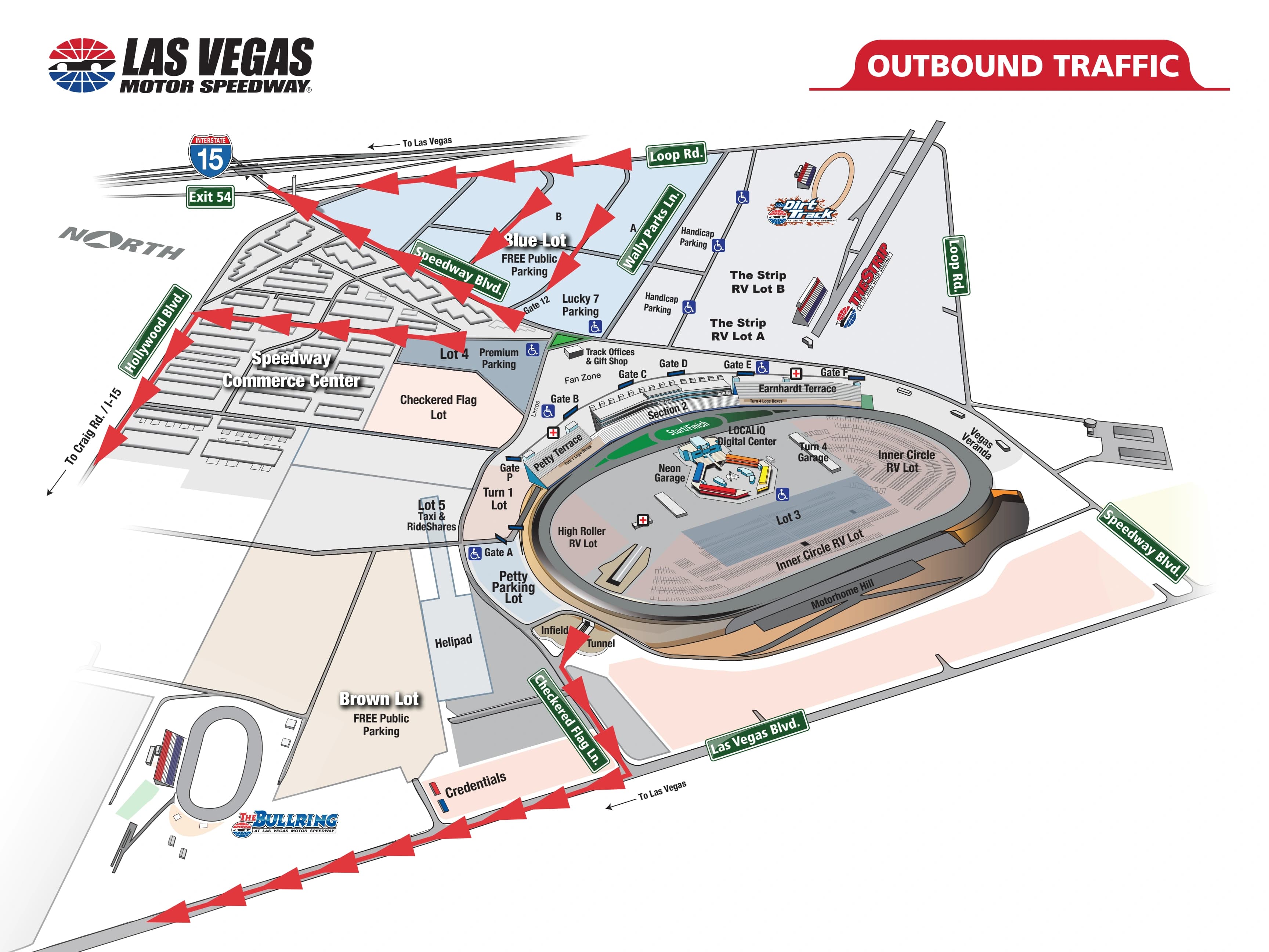 Las Vegas Motor Speedway: Venue layout, August 2026 reference · LVMS NASCAR outbound traffic. Use the original map for routes and visitor facilities.