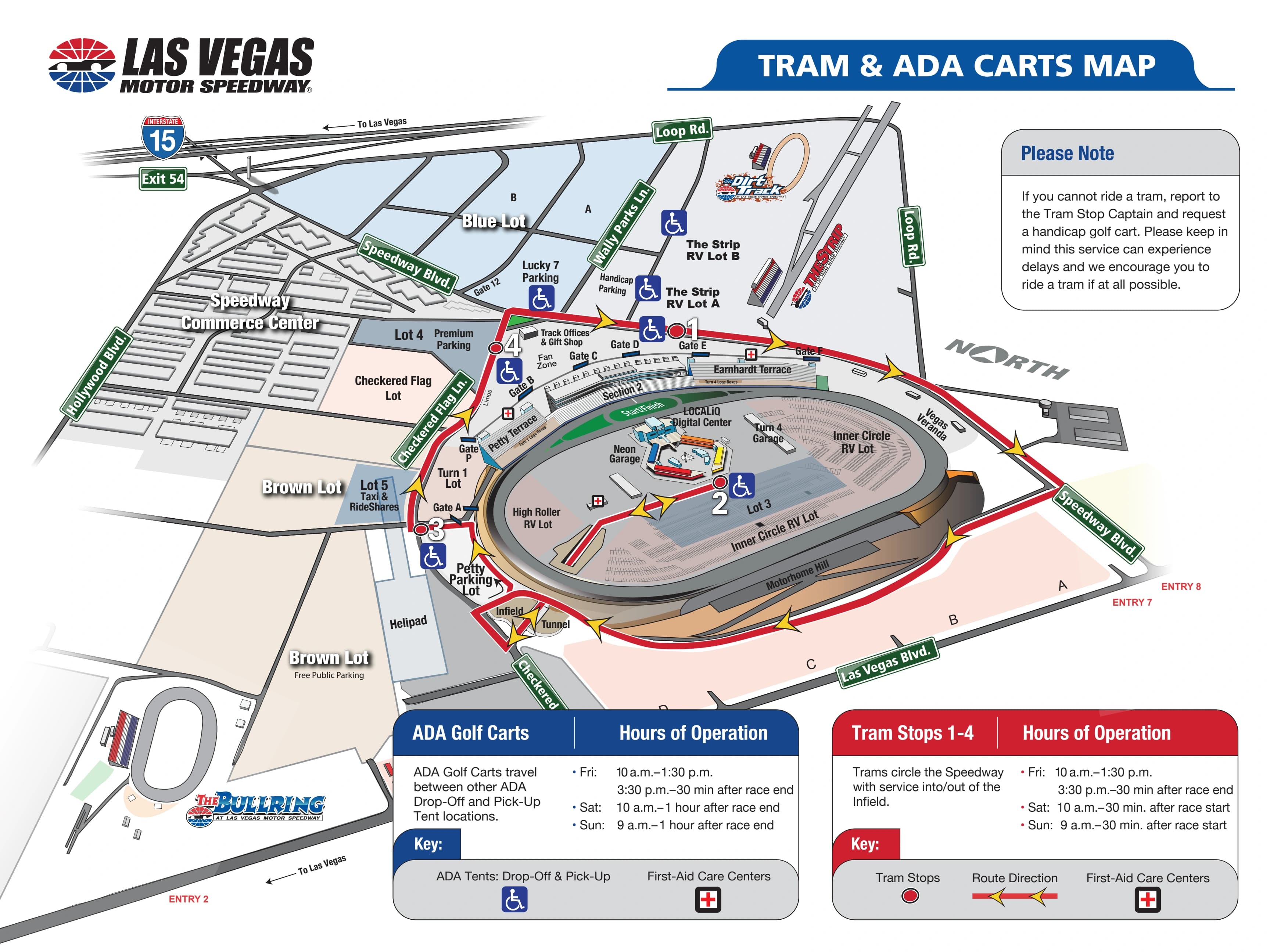 Las Vegas Motor Speedway: Venue layout, Fall 2026 reference · LVMS tram stops and accessible-cart routes. Use the original map for routes and visitor facilities.