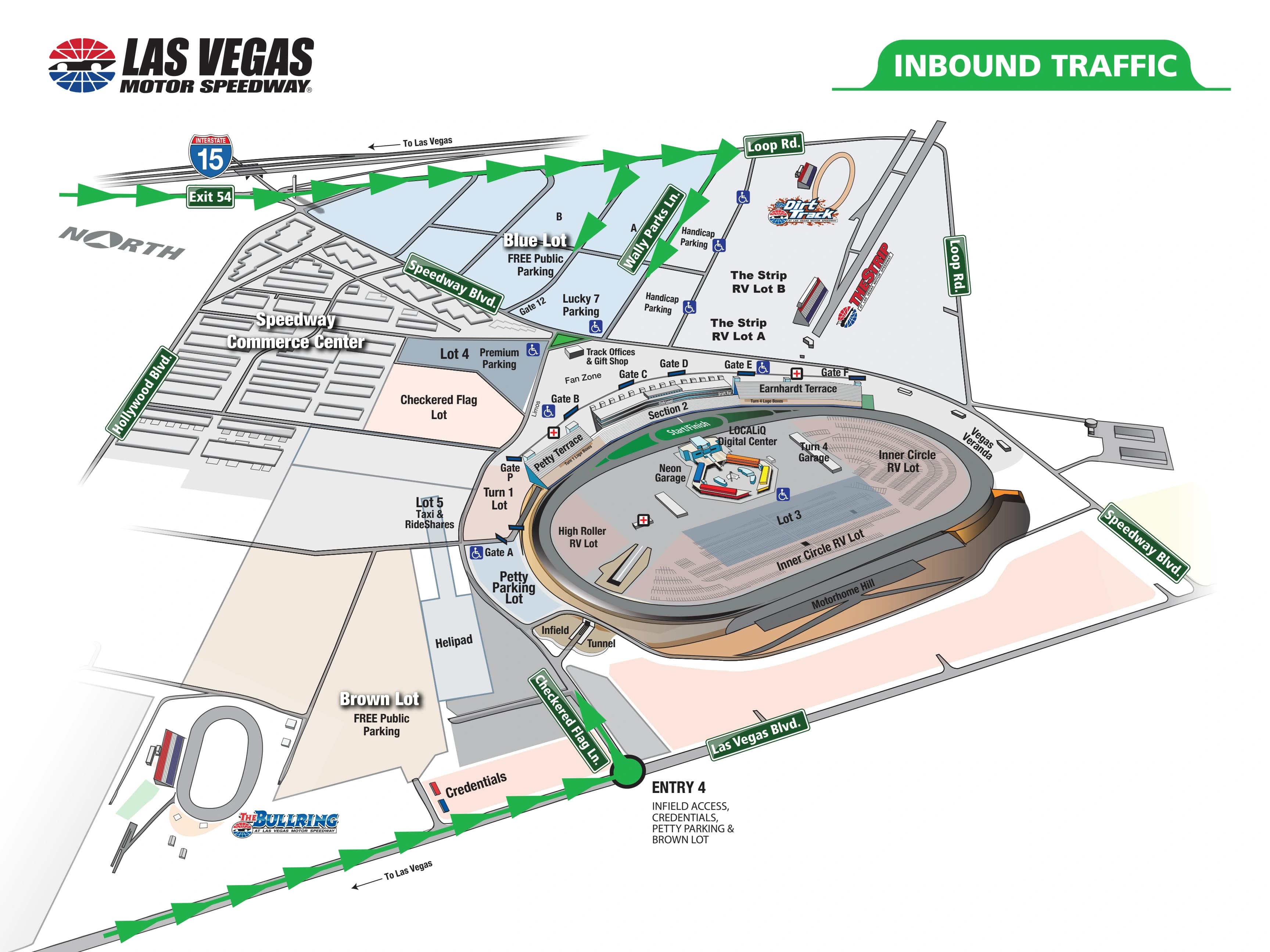Las Vegas Motor Speedway: Venue layout, August 2026 reference · LVMS NASCAR inbound traffic. Use the original map for routes and visitor facilities.
