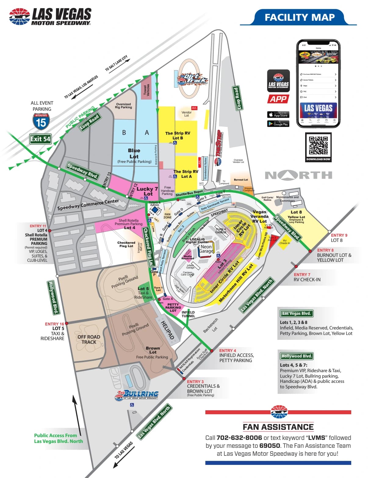 Las Vegas Motor Speedway: Venue layout, September 2026 reference · LVMS facility, public lots and track locations. Use the original map for routes and visitor facilities.