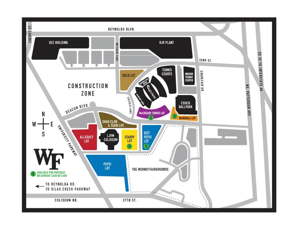 Lawrence Joel Veterans Memorial Coliseum: Venue layout, Updated basketball parking; December 2025. Use the original map for routes and visitor facilities.