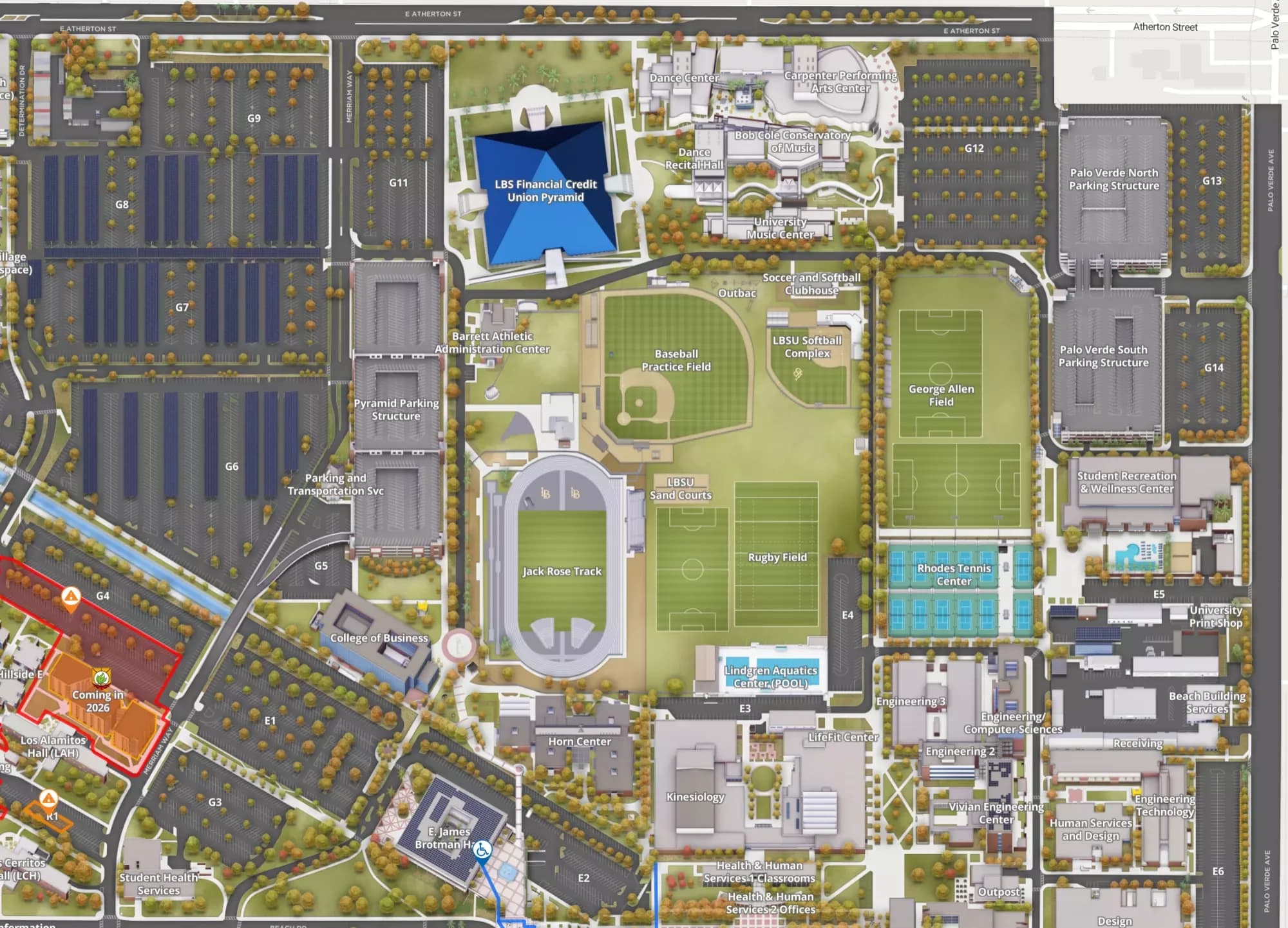 LBS Financial Credit Union Pyramid: Venue layout, January 2026 campus arrival reference · Pyramid and nearby parking. Use the original map for routes and visitor facilities.