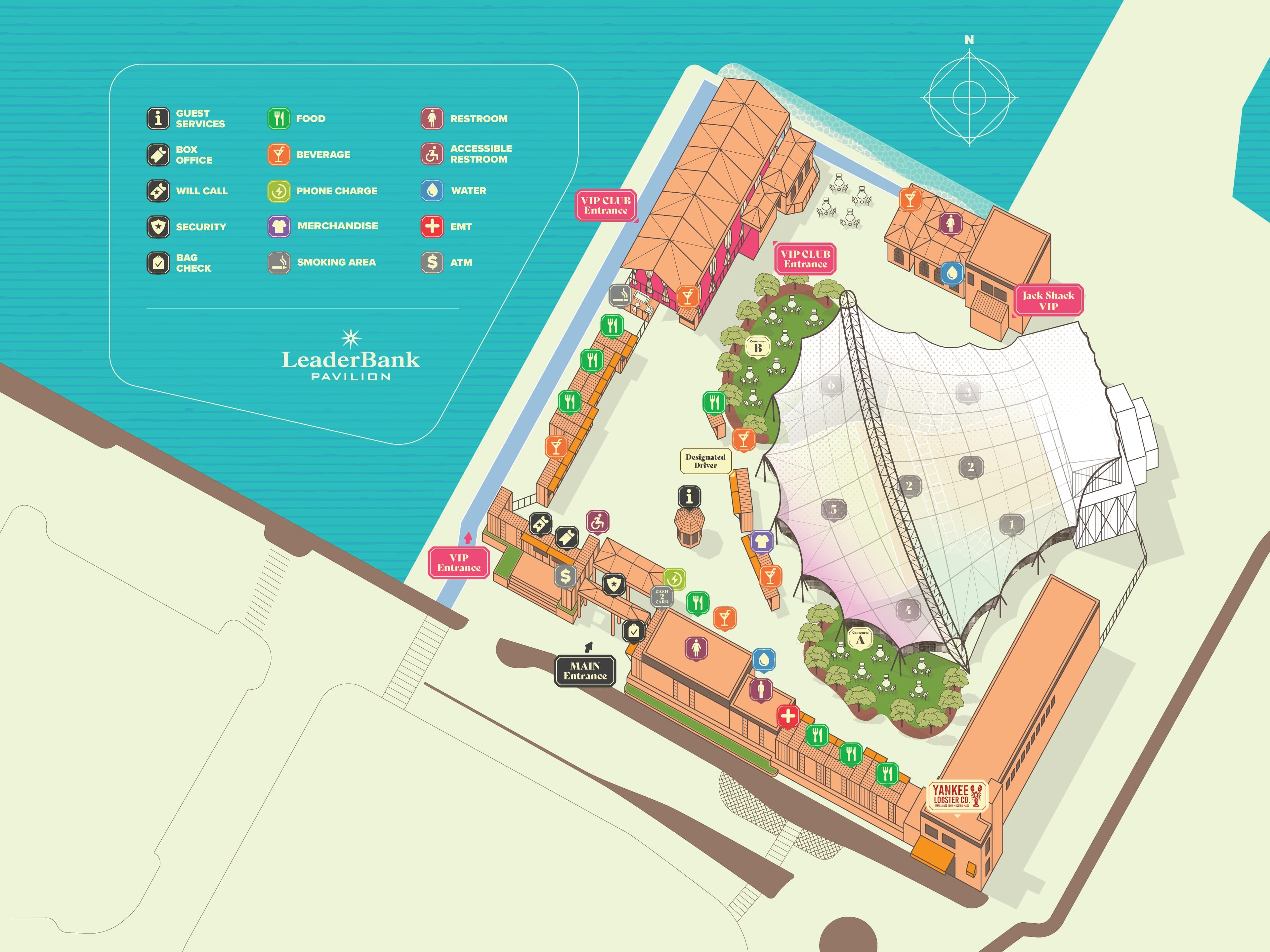 Leader Bank Pavilion: Venue layout, Leader Bank Pavilion — gates, sections and services. Use the original map for routes and visitor facilities.