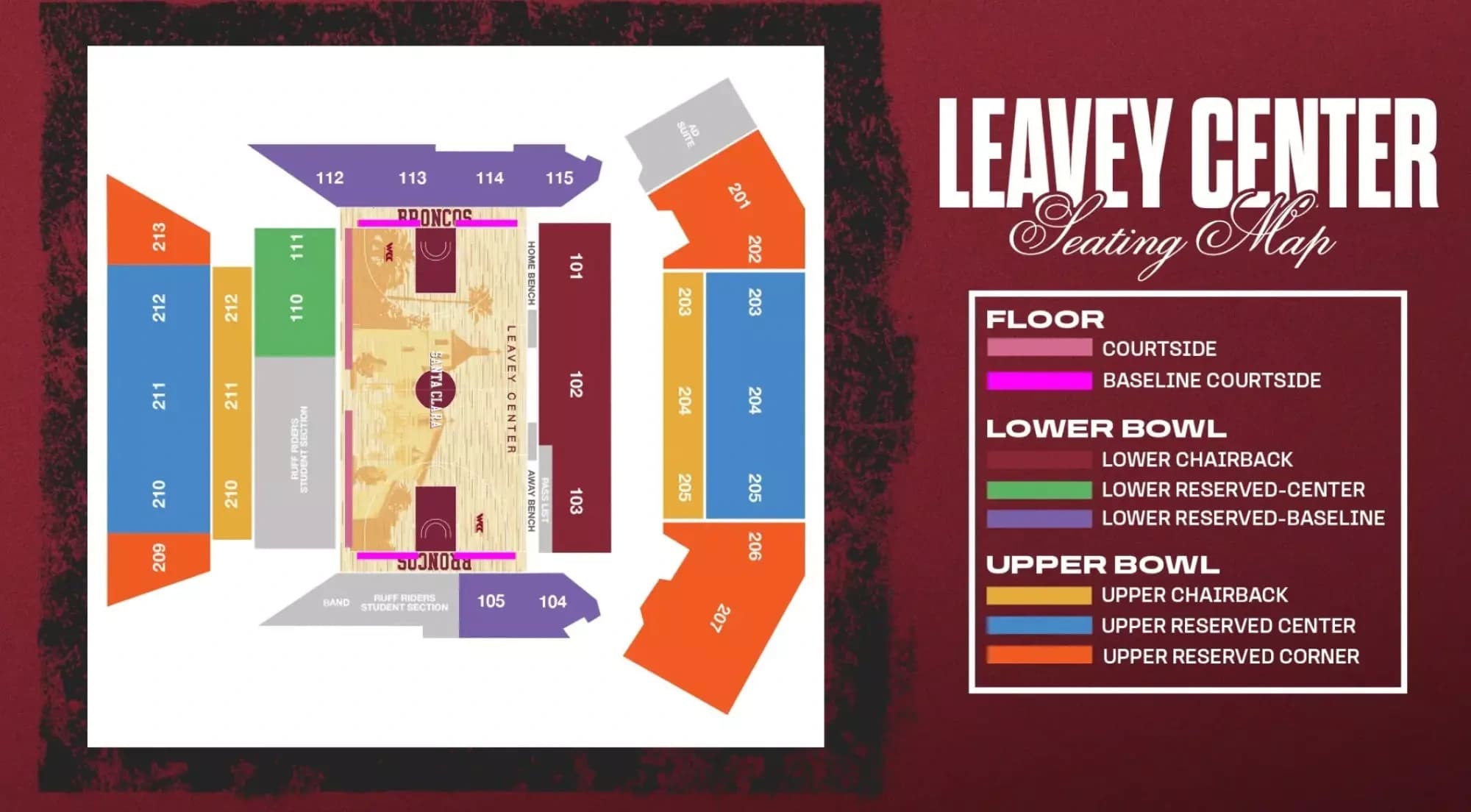 Leavey Center: Seating chart, 2026–27 Leavey Center men’s basketball seating categories. Use the source chart for section and row details.