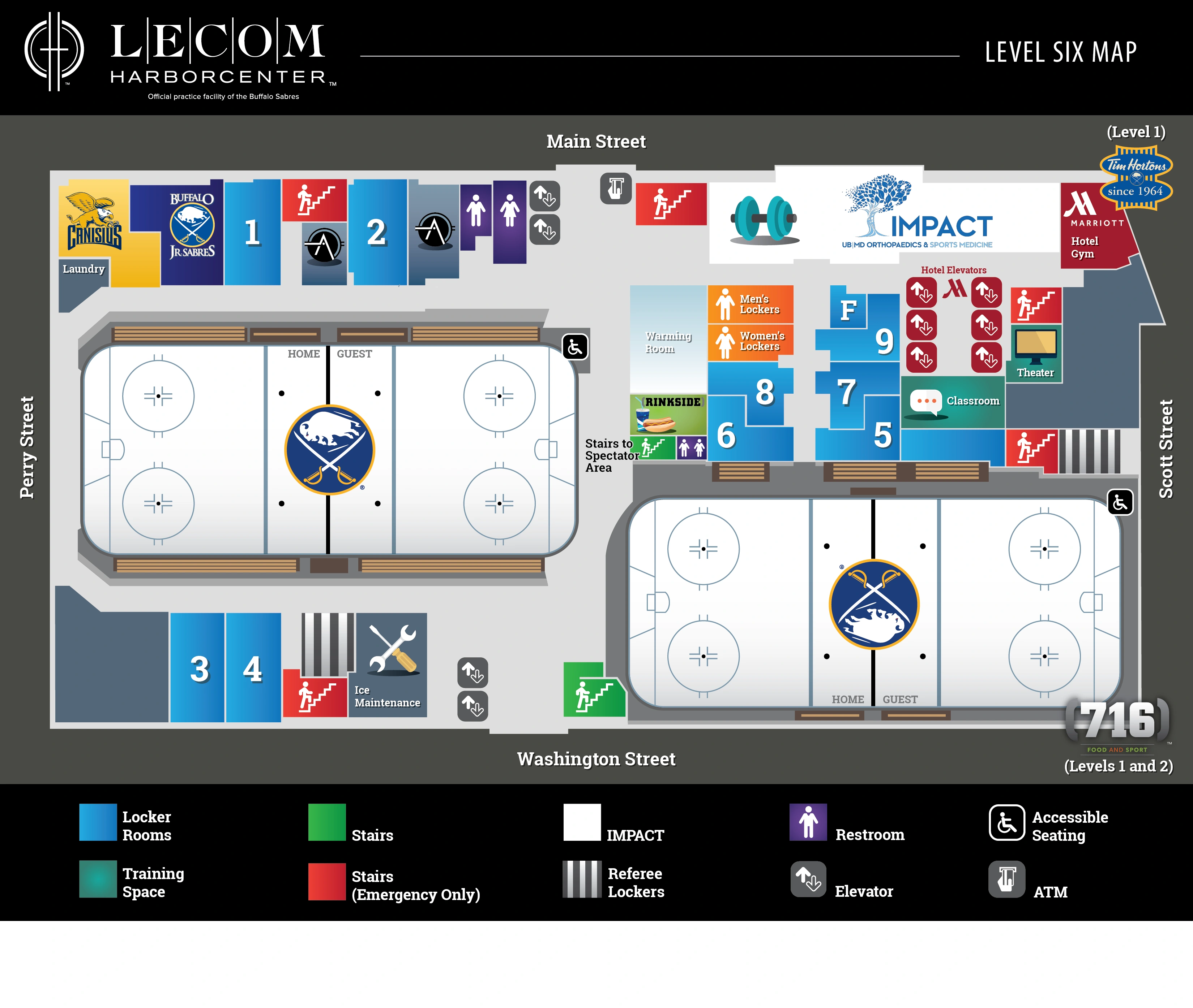 LECOM Harborcenter: Venue layout, 2023 reference · Harborcenter level 6 rink and spectator circulation. Use the original map for routes and visitor facilities.