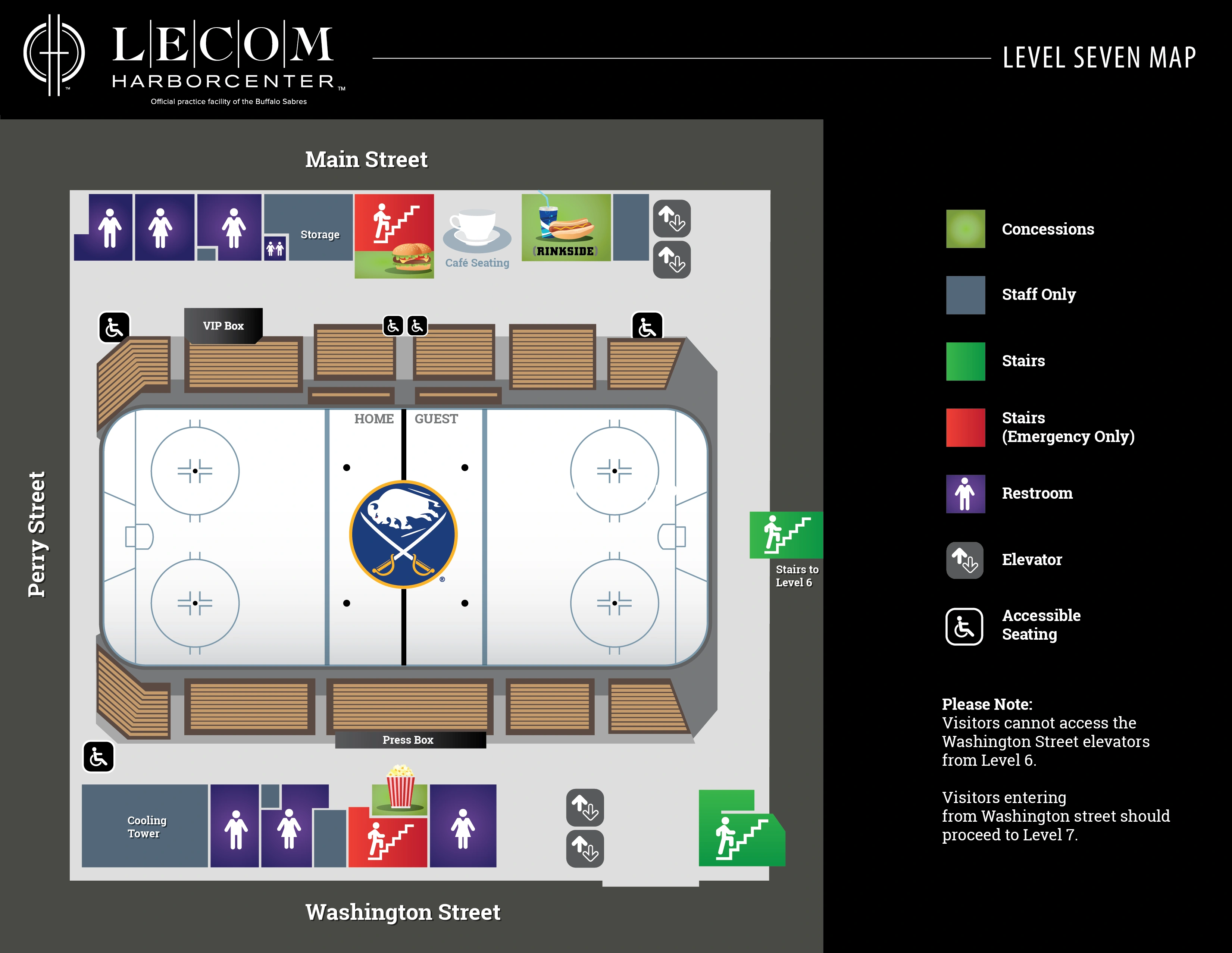 LECOM Harborcenter: Venue layout, 2023 reference · Harborcenter level 7 rink and spectator circulation. Use the original map for routes and visitor facilities.