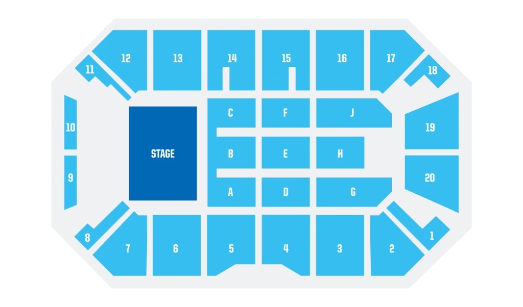 Lee's Family Forum: Seating chart, Concert · end stage. Use the source chart for section and row details.