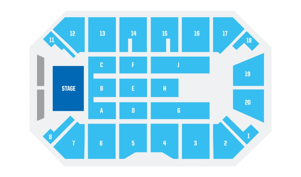 Lee's Family Forum: Seating chart, Concert · three-quarter stage. Use the source chart for section and row details.