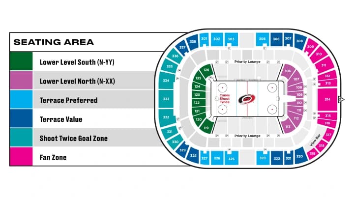 Lenovo Center: Seating chart, Lenovo Center — Hurricanes flex-plan hockey sections. Use the source chart for section and row details.