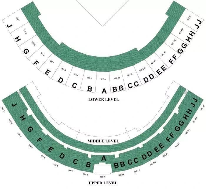 Les Murakami Stadium: Seating chart, Les Murakami Stadium — official published three-level seating diagram. Use the source chart for section and row details.
