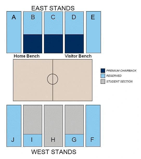 Levien Gymnasium: Seating chart, Undated ticket-office east/west section and seating-type reference. Use the source chart for section and row details.