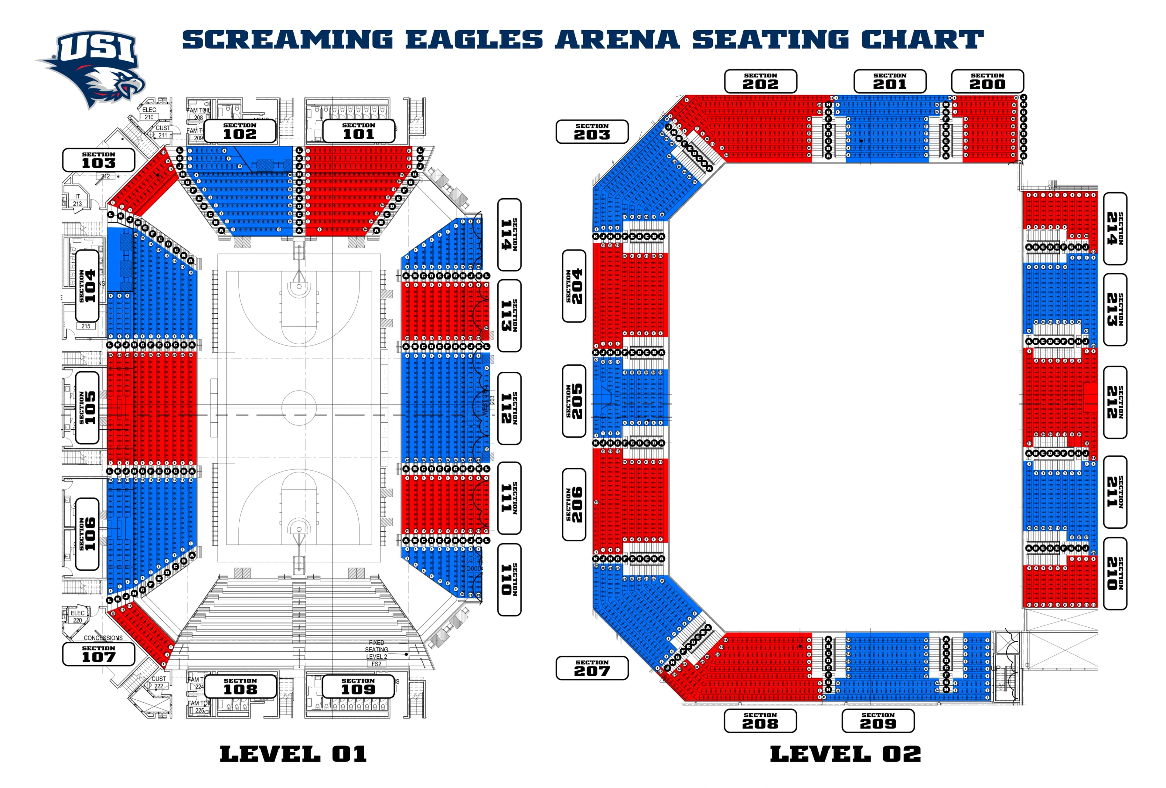 Liberty Arena, Home of the Screaming Eagles: Seating chart, USI Liberty Arena — basketball lower and upper sections. Use the source chart for section and row details.