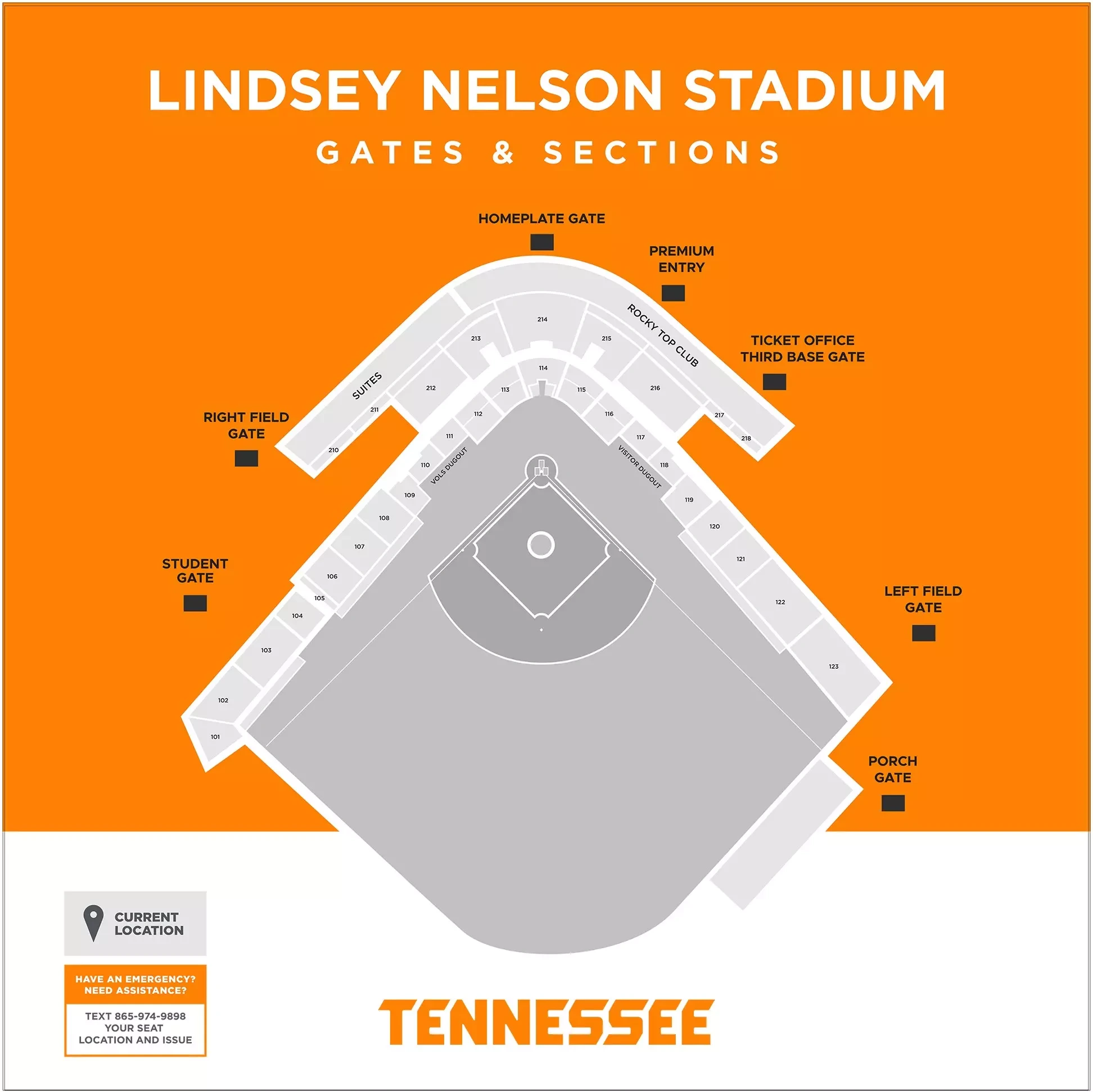 Lindsey Nelson Stadium: Seating chart, Lindsey Nelson Stadium — official 2026 gate and section map. Use the source chart for section and row details.