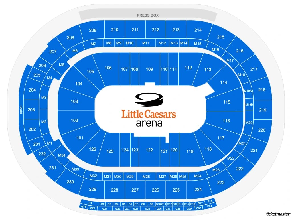 Little Caesars Arena: Seating chart, Little Caesars Arena — numbered bowl, mezzanine and gondolas. Use the source chart for section and row details.