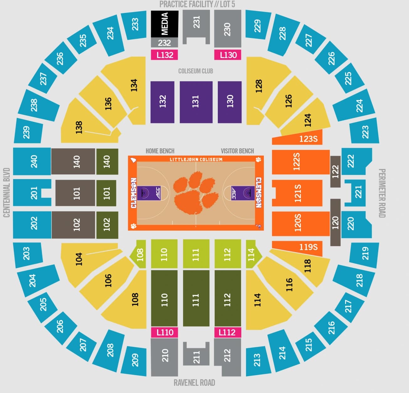 Littlejohn Coliseum: Seating chart, Littlejohn Coliseum — official basketball section diagram. Use the source chart for section and row details.