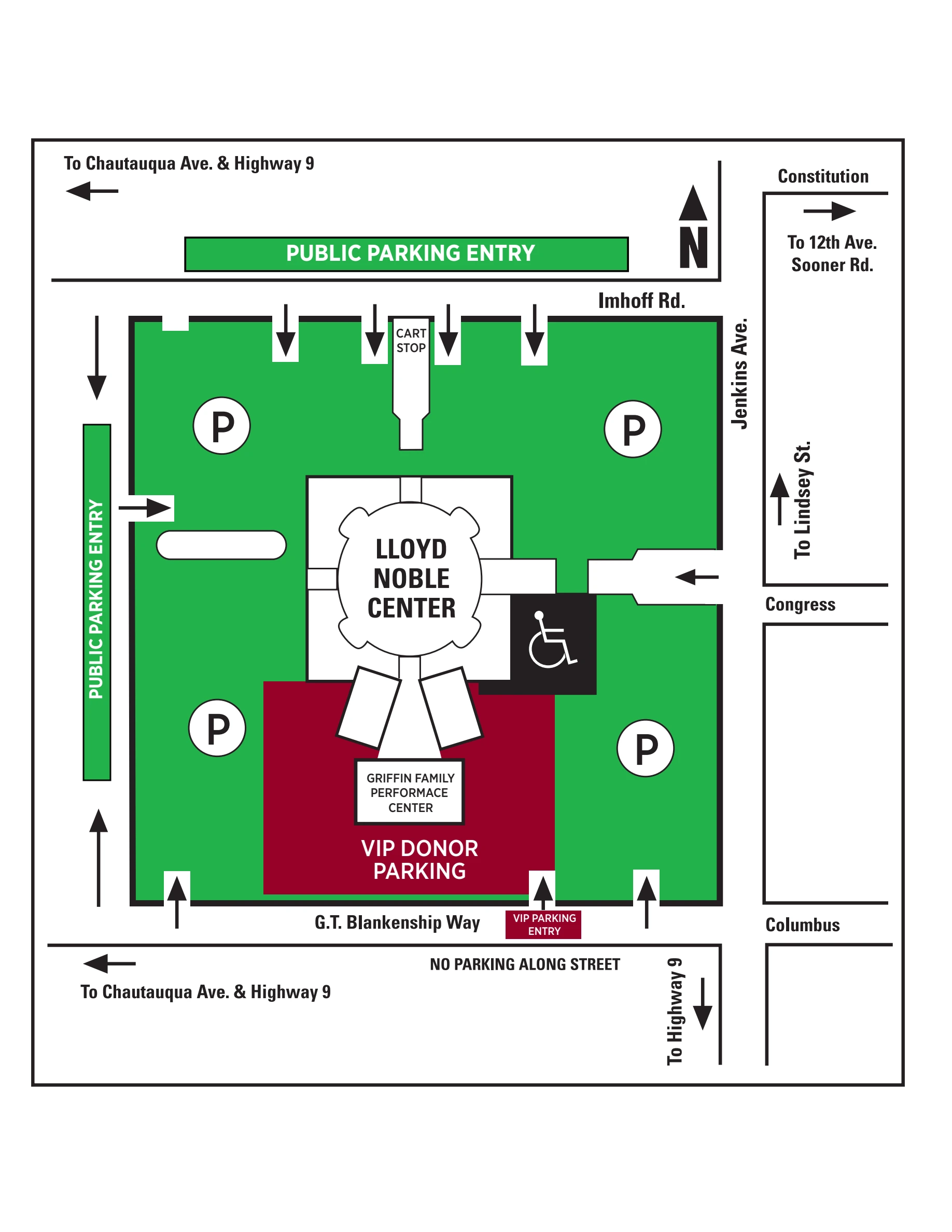 Lloyd Noble Center: Venue layout, Women’s gymnastics parking · 2026. Use the original map for routes and visitor facilities.