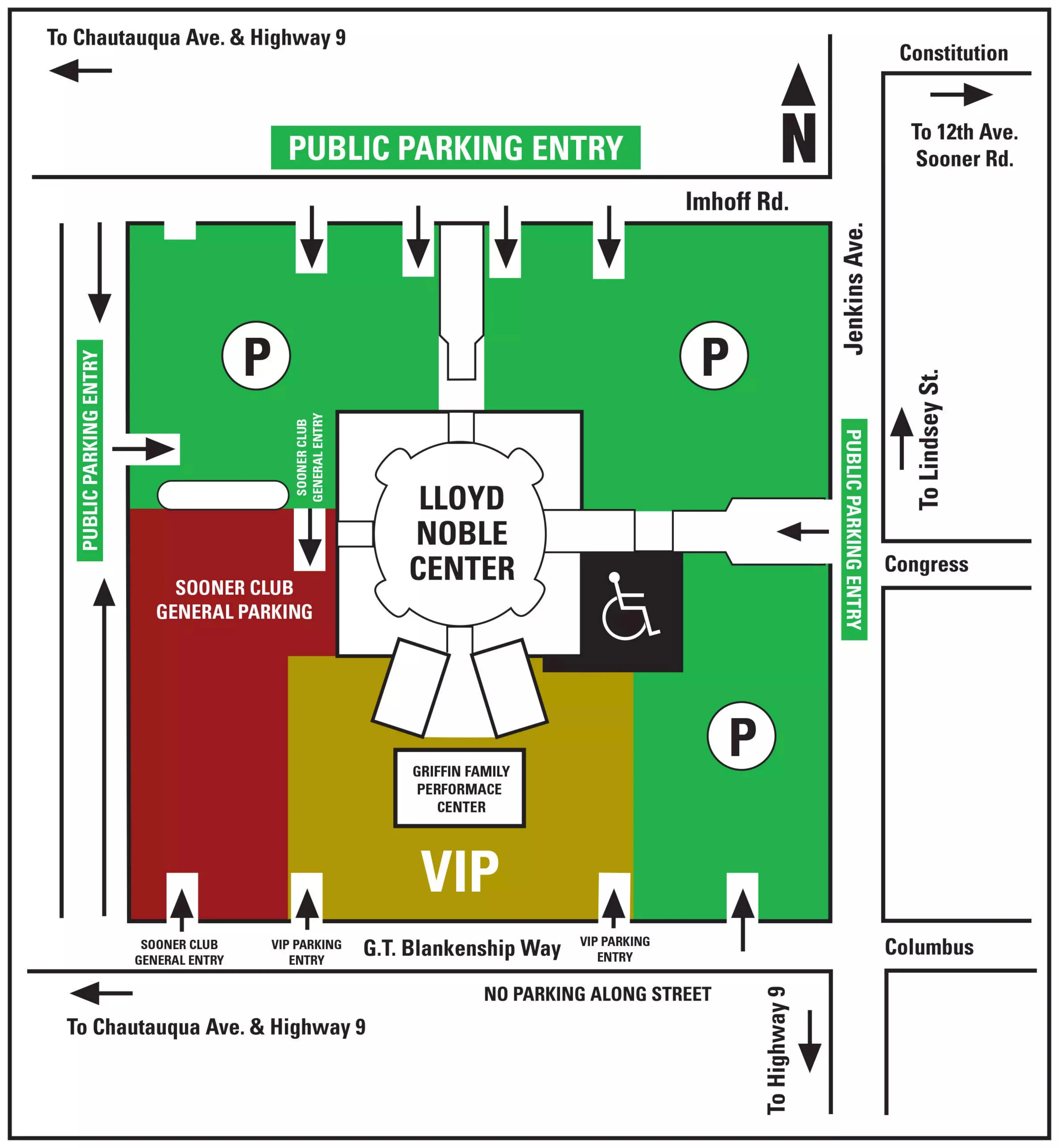 Lloyd Noble Center: Venue layout, Men’s basketball parking · 2025 map. Use the original map for routes and visitor facilities.