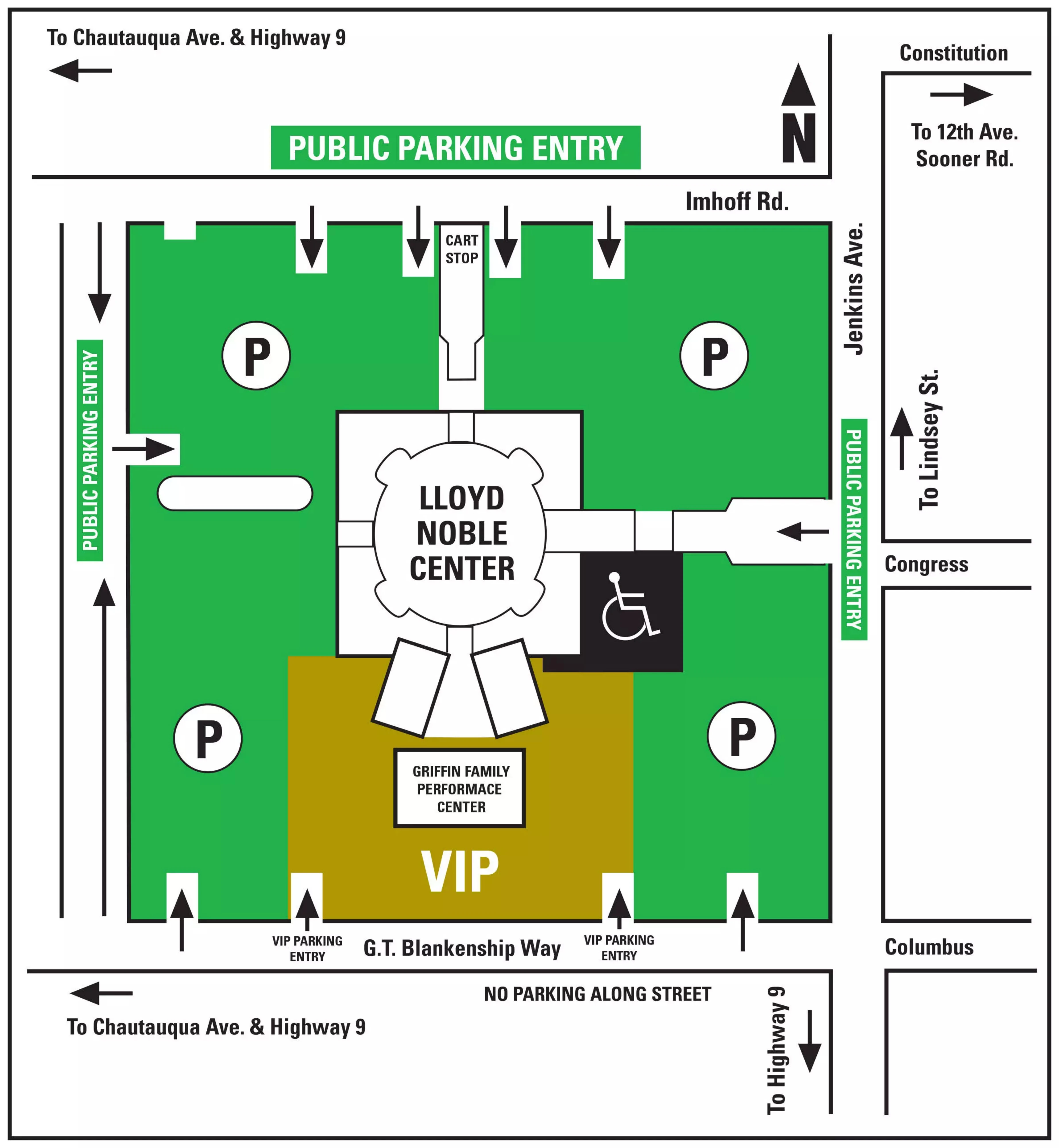 Lloyd Noble Center: Venue layout, Women’s basketball parking · 2025 map. Use the original map for routes and visitor facilities.