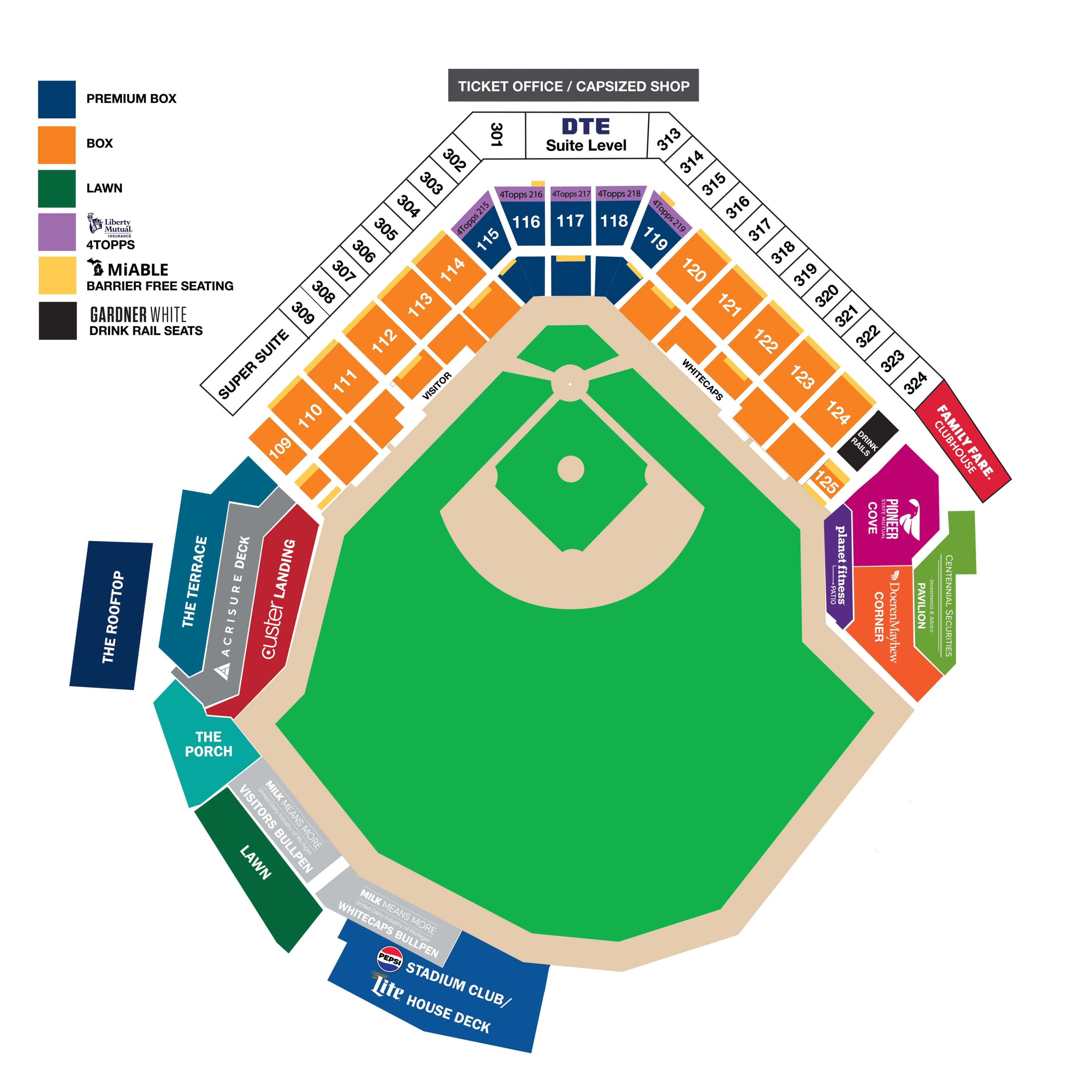 LMCU Ballpark: Seating chart, LMCU Ballpark — official-linked seating sections and category key. Use the source chart for section and row details.