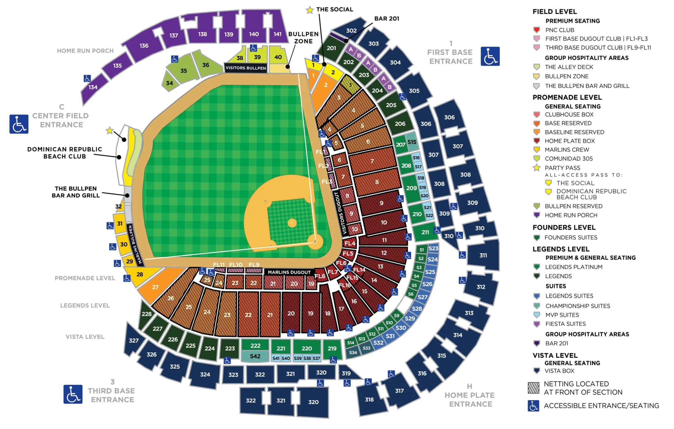 loanDepot park: Seating chart, Baseball seating sections and accessible seating. Use the source chart for section and row details.