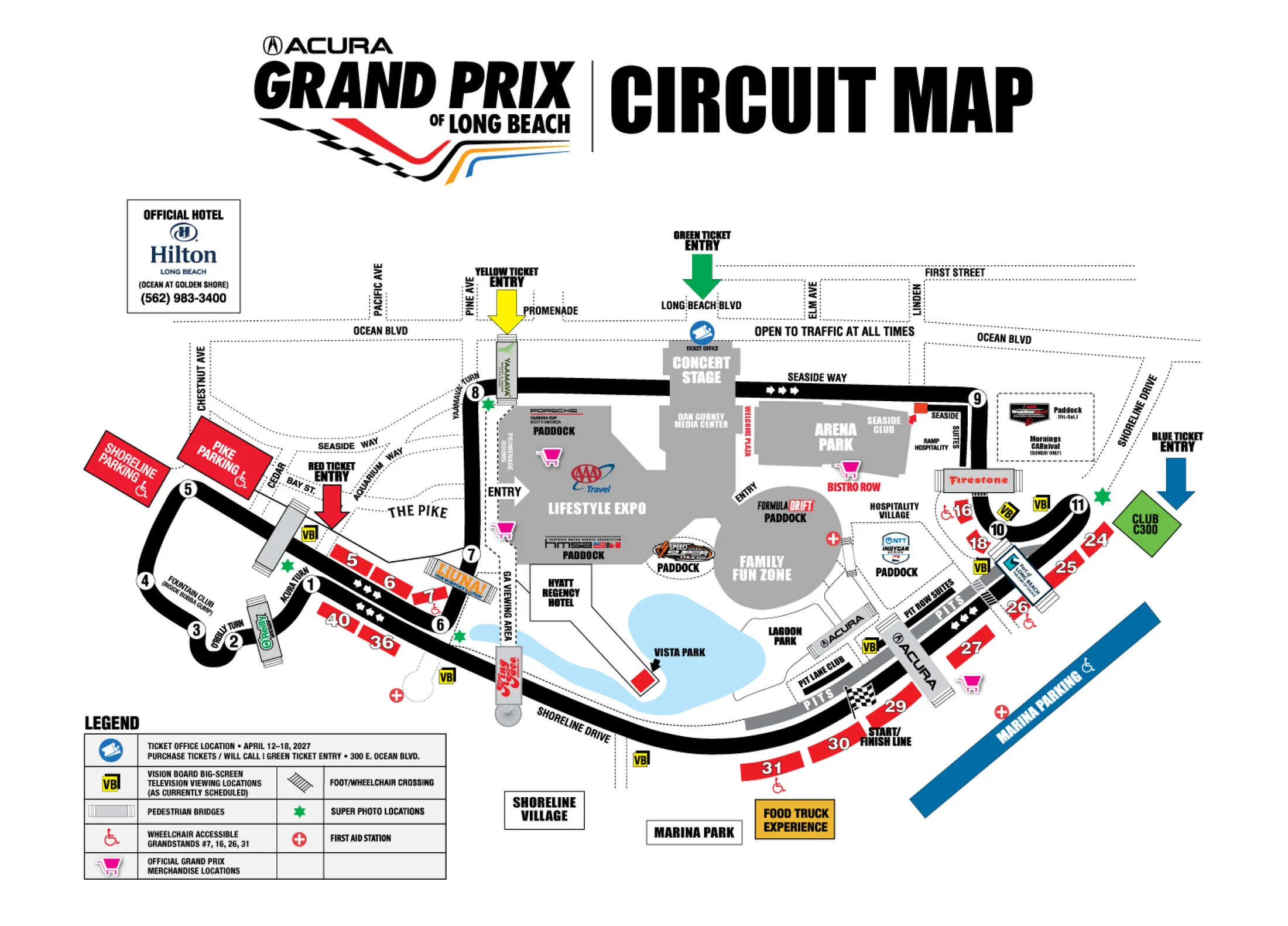 Long Beach Street Circuit: Seating chart, Motor racing · 2027 numbered grandstands, color entries and crossings. Use the source chart for section and row details.