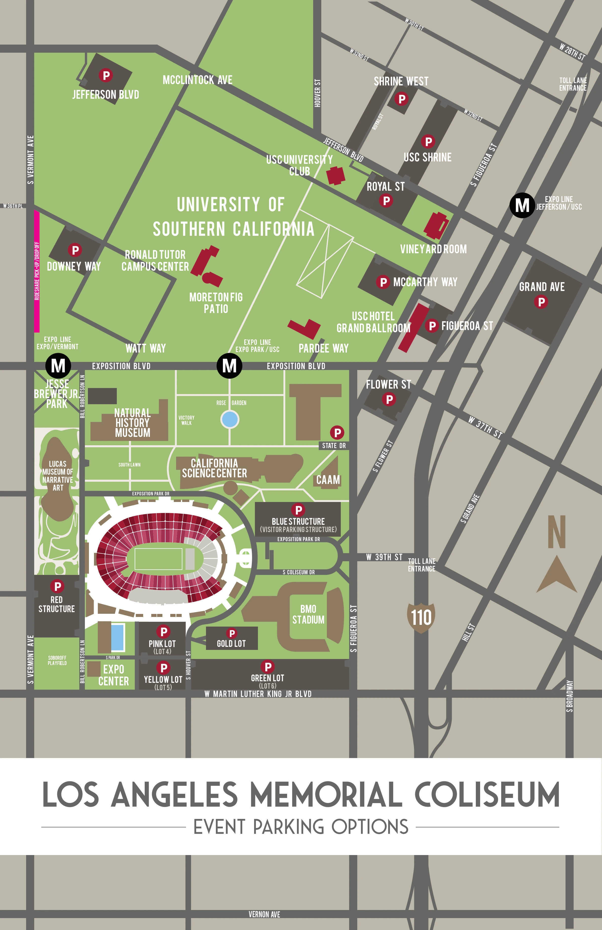 Los Angeles Memorial Coliseum: Venue layout, Los Angeles Coliseum — official July 2026 district event parking plan. Use the original map for routes and visitor facilities.