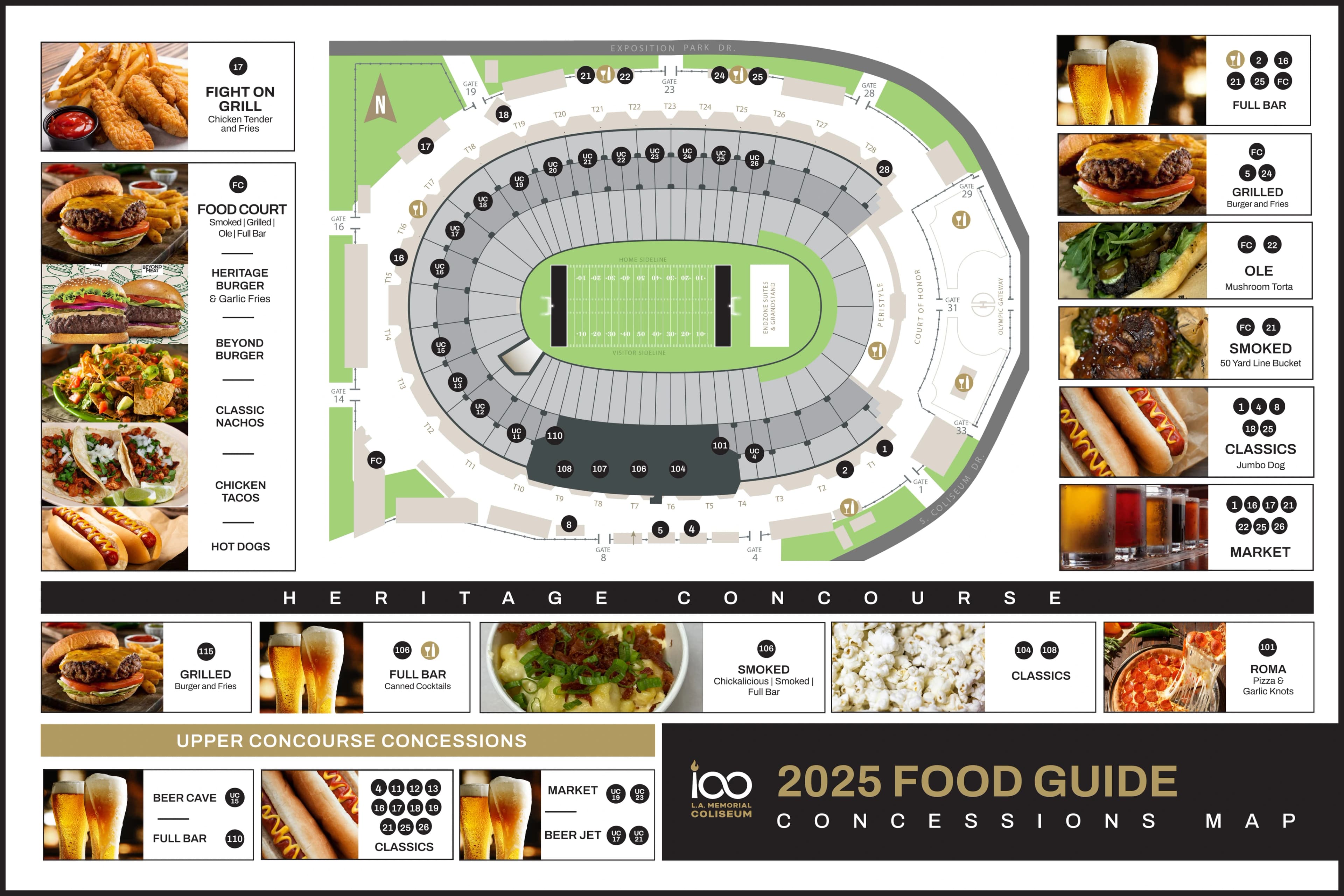 Los Angeles Memorial Coliseum: Venue layout, Los Angeles Coliseum — official current-linked 2025 concessions location plan. Use the original map for routes and visitor facilities.