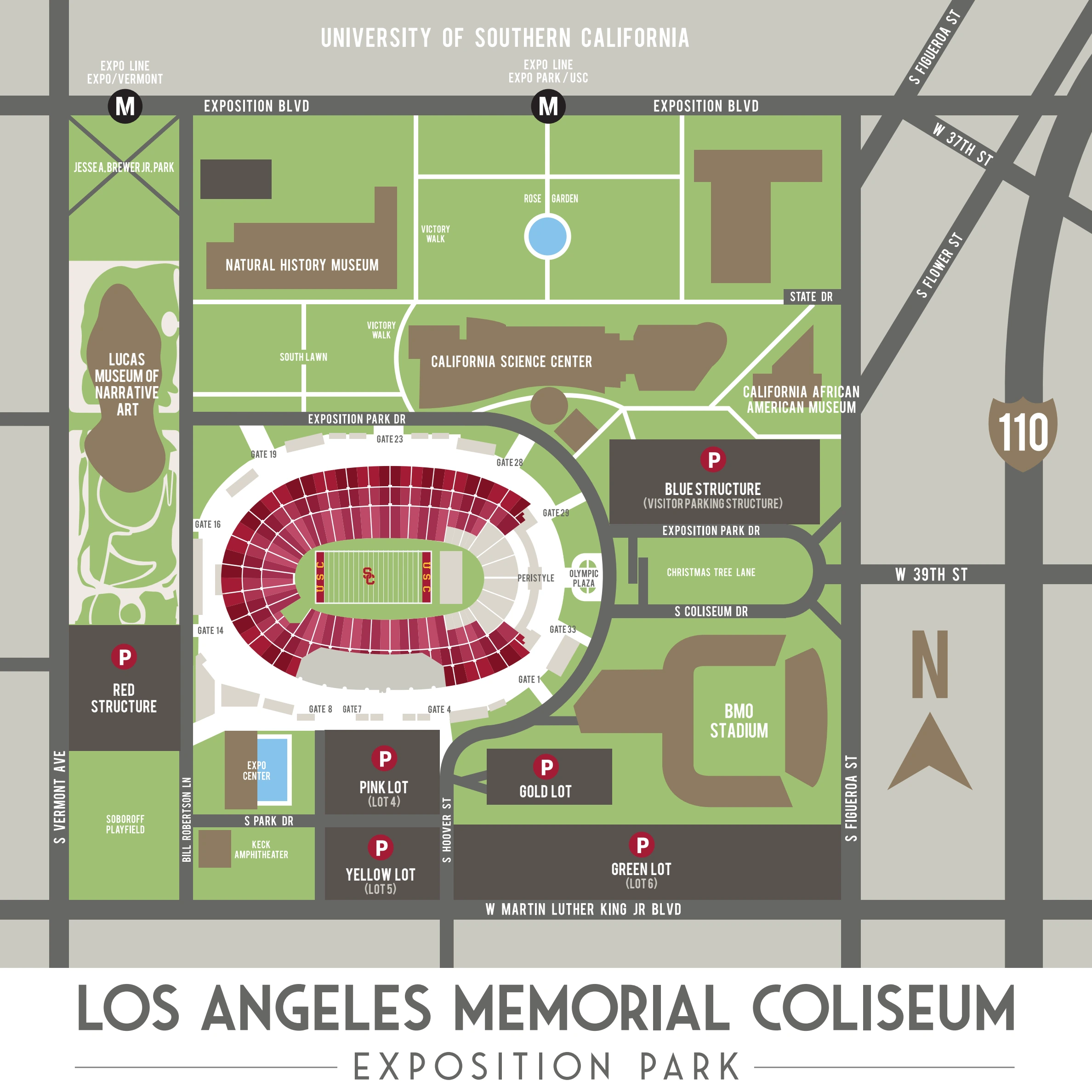 Los Angeles Memorial Coliseum: Venue layout, Los Angeles Coliseum — official July 2026 Exposition Park parking plan. Use the original map for routes and visitor facilities.