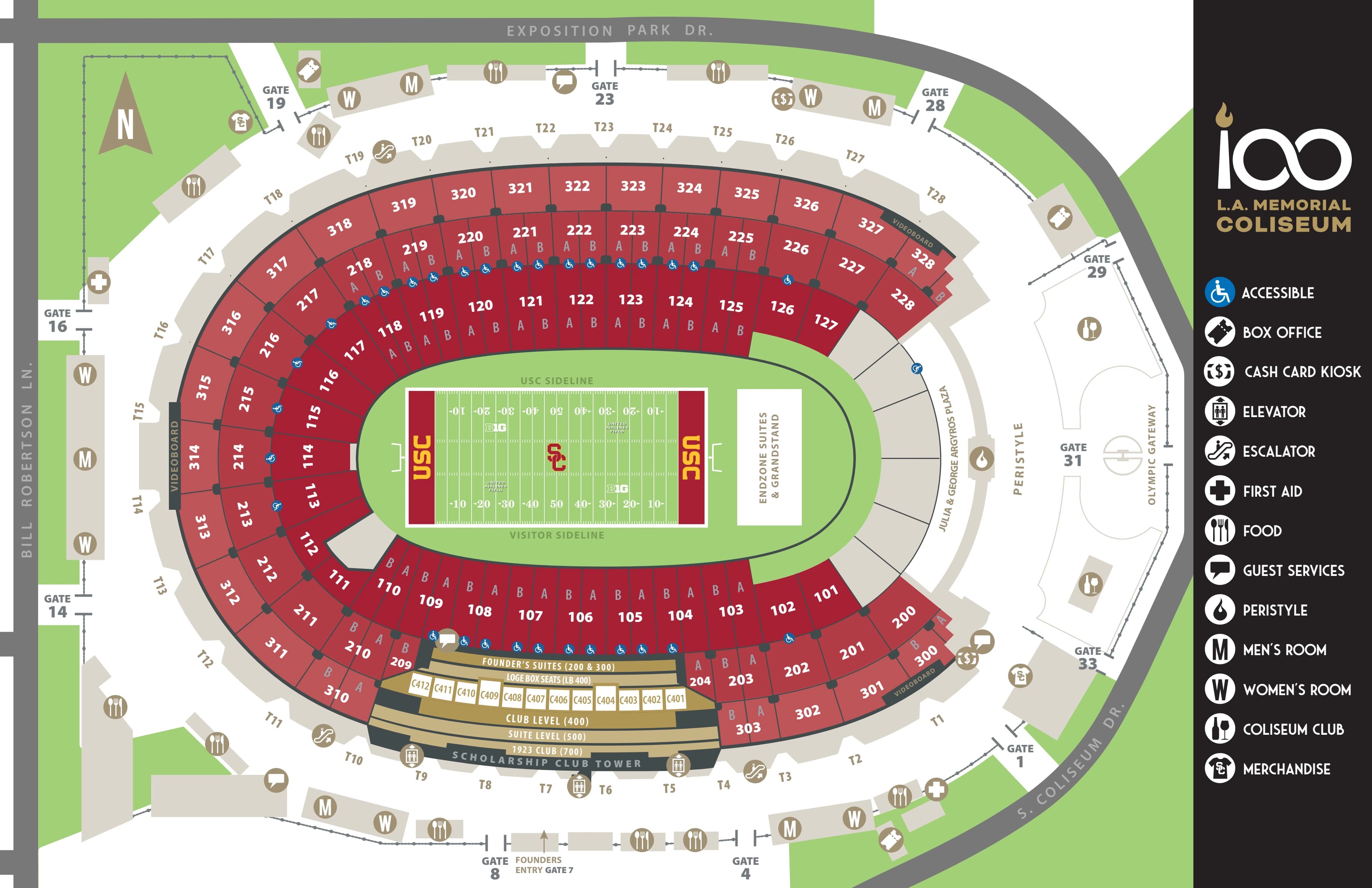 Los Angeles Memorial Coliseum: Seating chart, Los Angeles Coliseum — official current-linked USC football seating and venue map (2024). Use the source chart for section and row details.