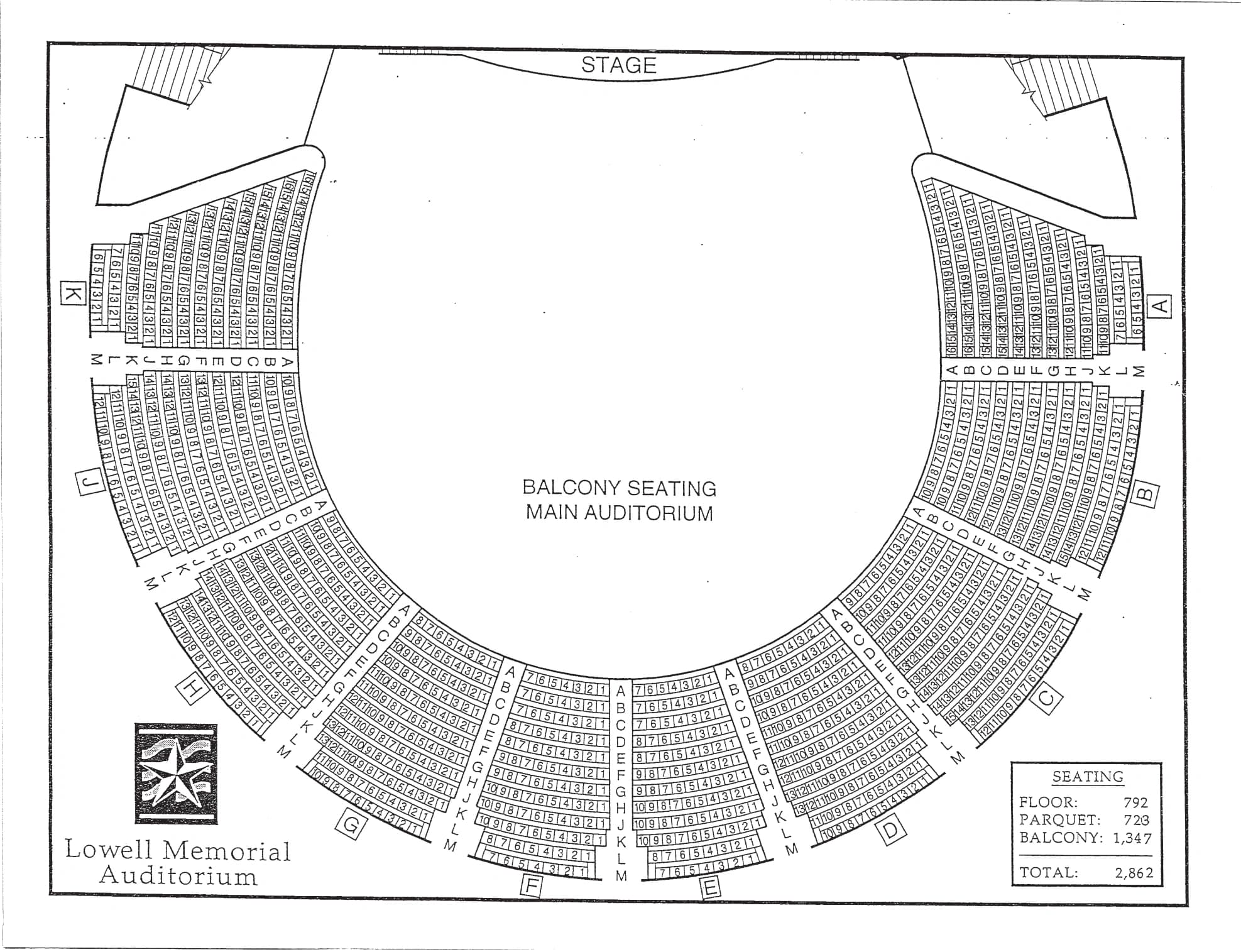 Lowell Memorial Auditorium: Seating chart, Archived standard reference · Lowell balcony numbered seating. Use the source chart for section and row details.