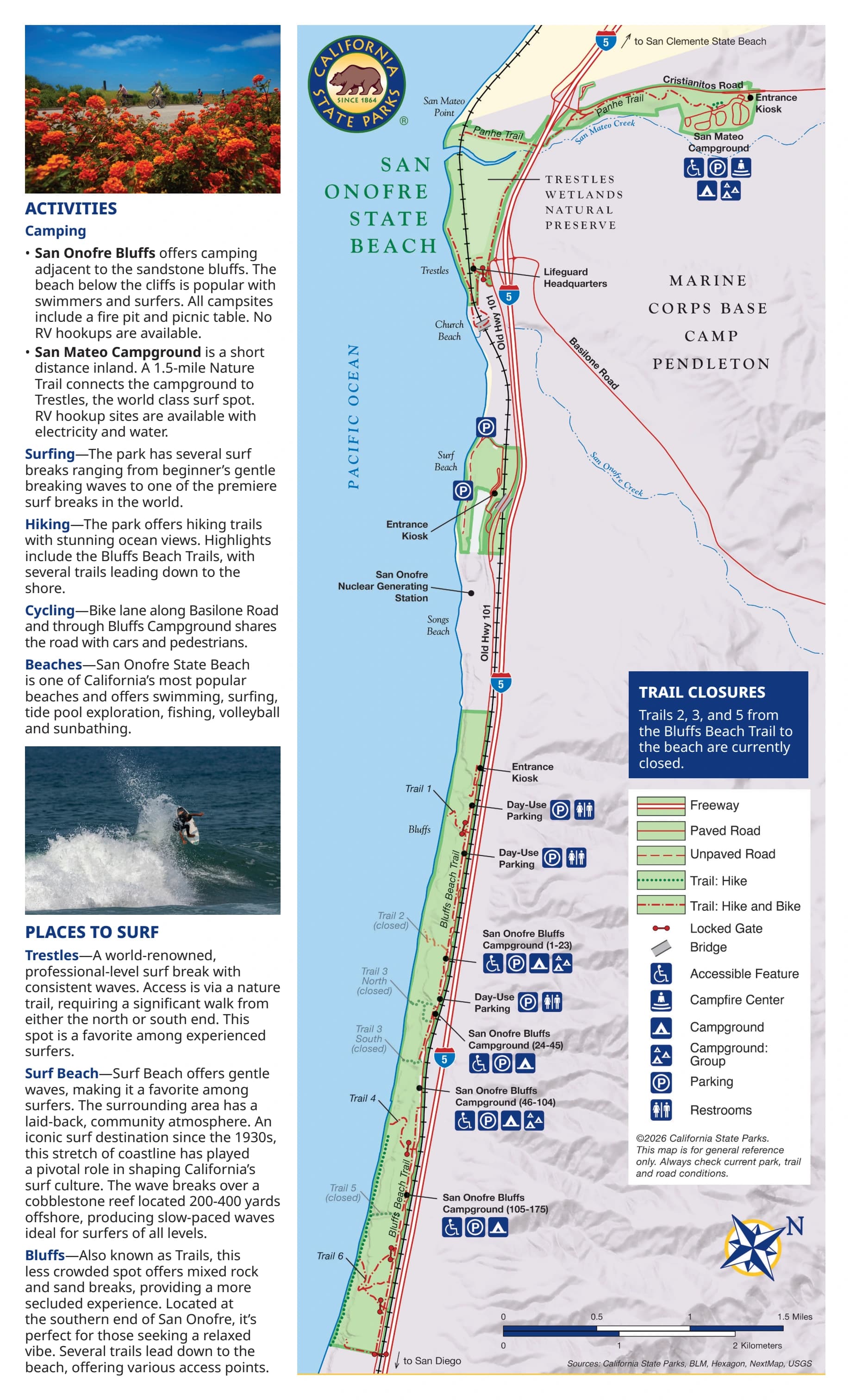 Lower Trestles: Venue layout, San Onofre park access and Trestles nature trail · May 2026. Use the original map for routes and visitor facilities.