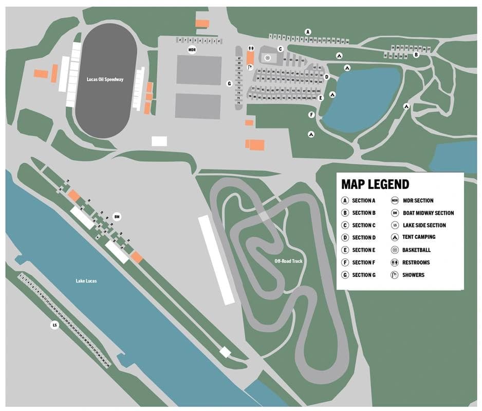 Lucas Oil Speedway: Venue layout, Lucas Oil Speedway · campground sections and numbered sites. Use the original map for routes and visitor facilities.
