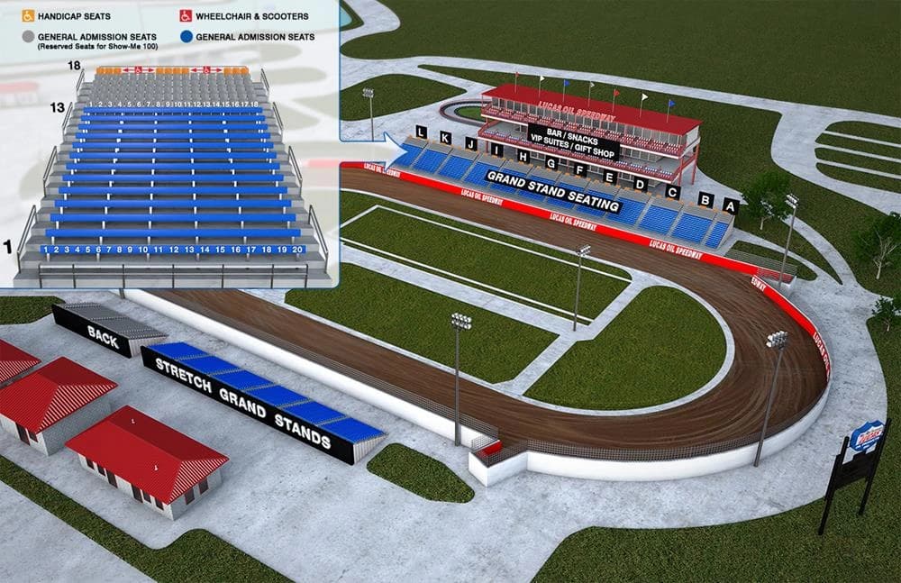 Lucas Oil Speedway: Seating chart, Lucas Oil Speedway · dirt oval sections, rows and accessible seating. Use the source chart for section and row details.