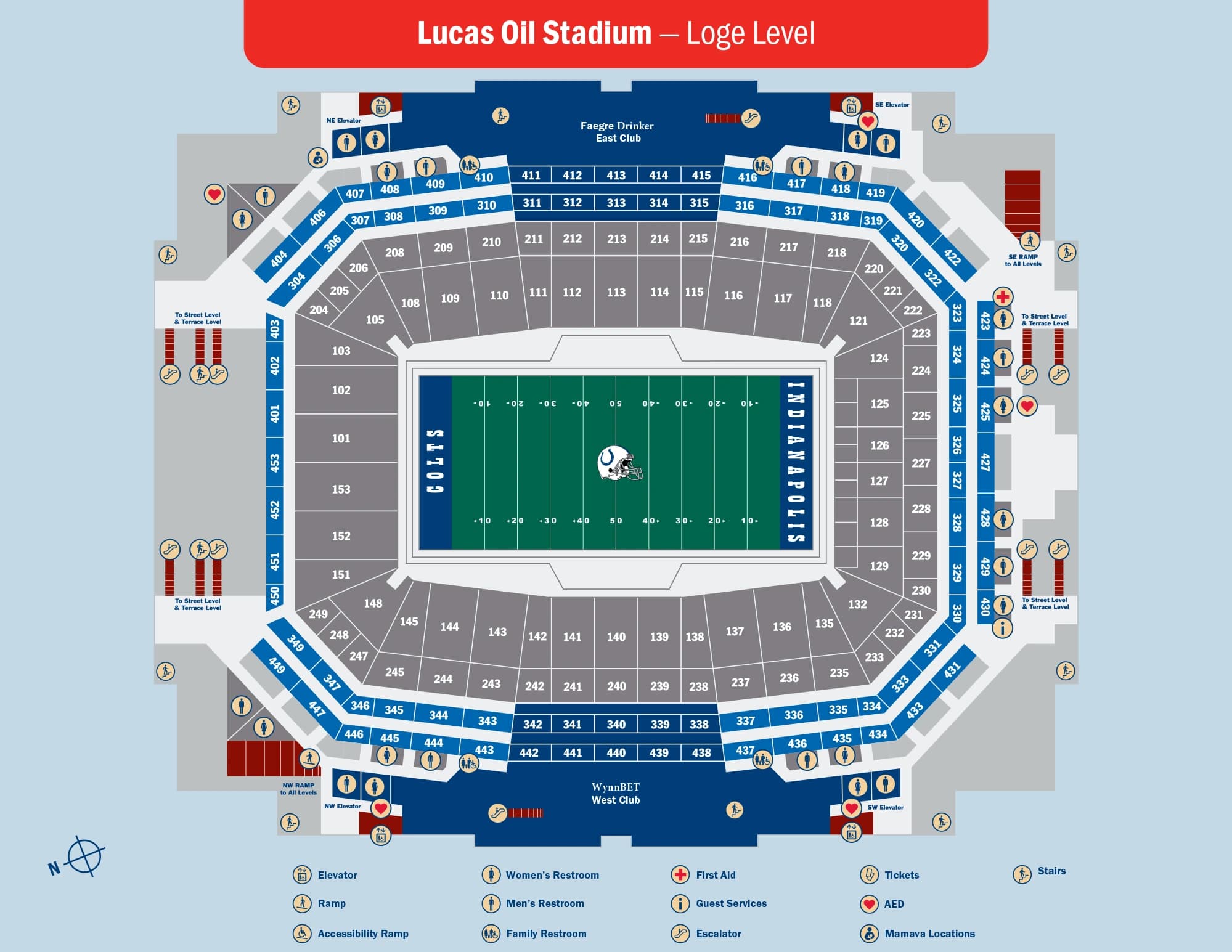 Lucas Oil Stadium: Seating chart, Lucas Oil Stadium — loge-level sections and services. Use the source chart for section and row details.