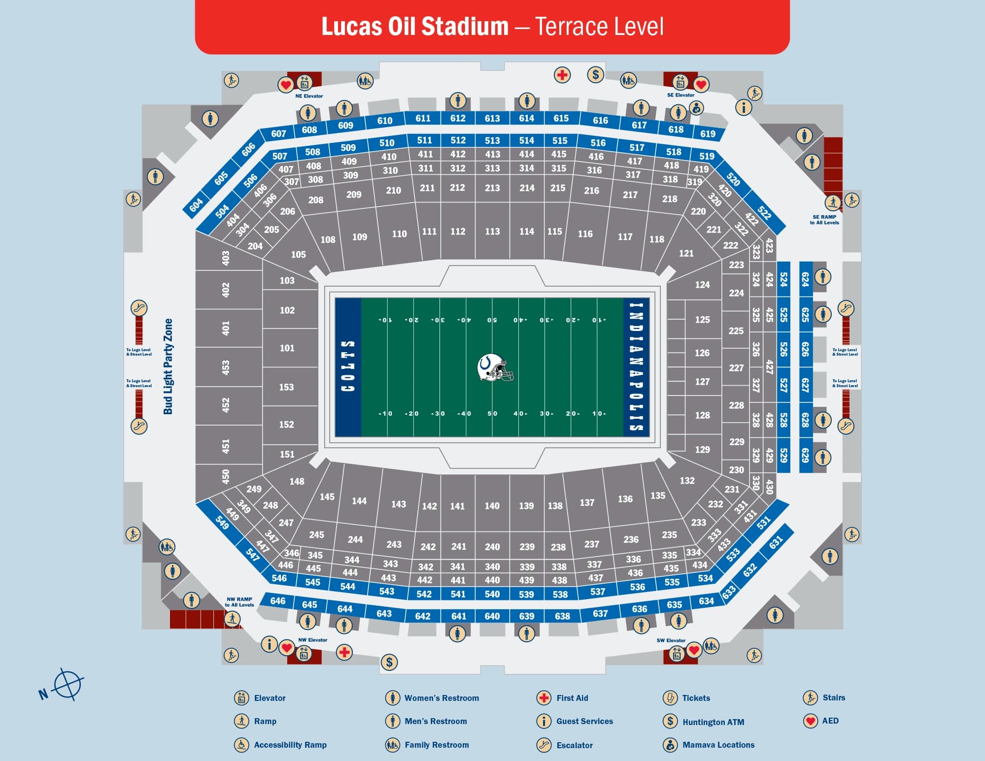 Lucas Oil Stadium: Seating chart, Lucas Oil Stadium — terrace-level sections and services. Use the source chart for section and row details.
