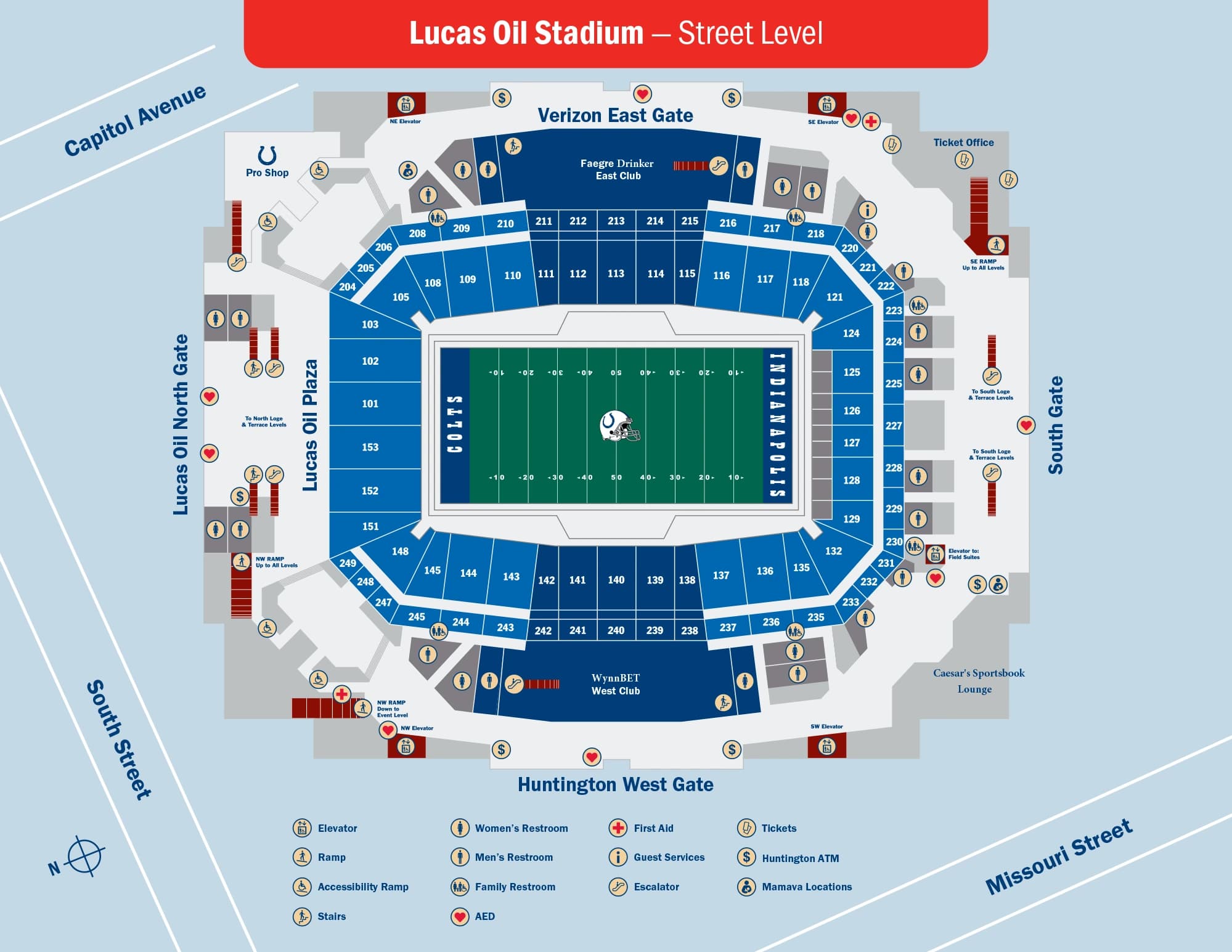 Lucas Oil Stadium: Seating chart, Lucas Oil Stadium — street-level sections and services. Use the source chart for section and row details.