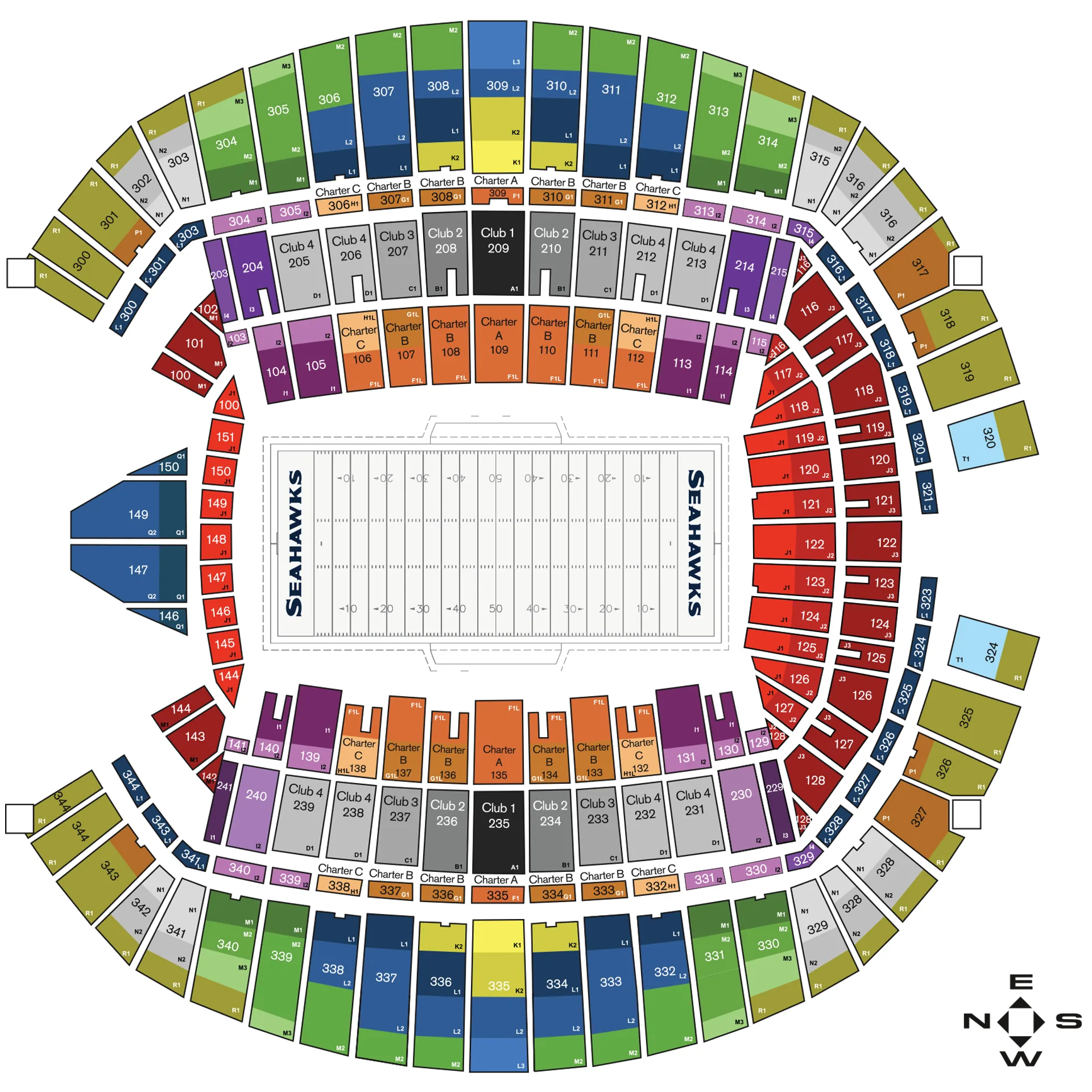 Lumen Field: Seating chart, Football · Seahawks · 2026 numbered sections. Use the source chart for section and row details.