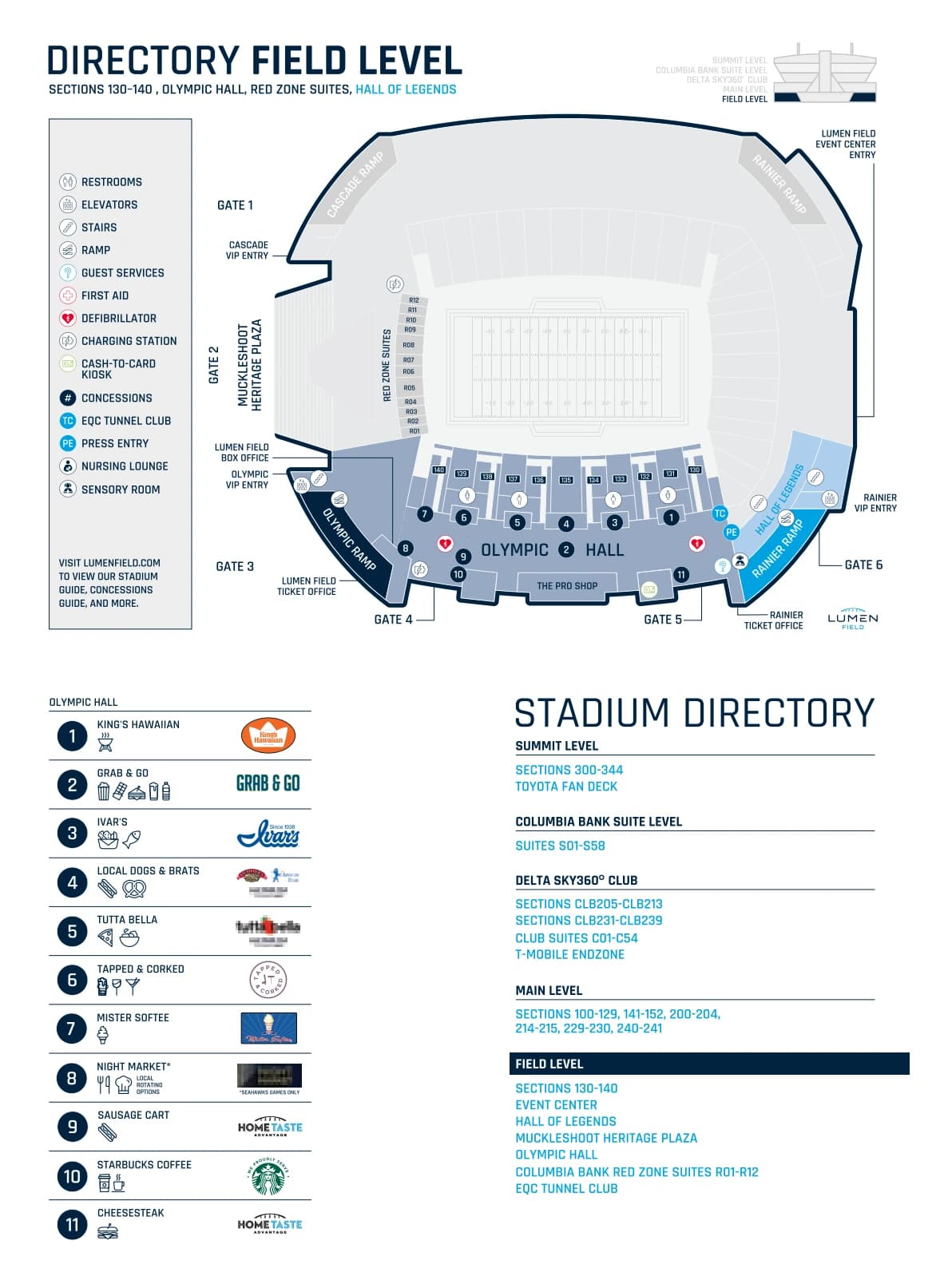 Lumen Field: Venue layout, 2026 stadium directory — field level; open the original PDF for other levels. Use the original map for routes and visitor facilities.