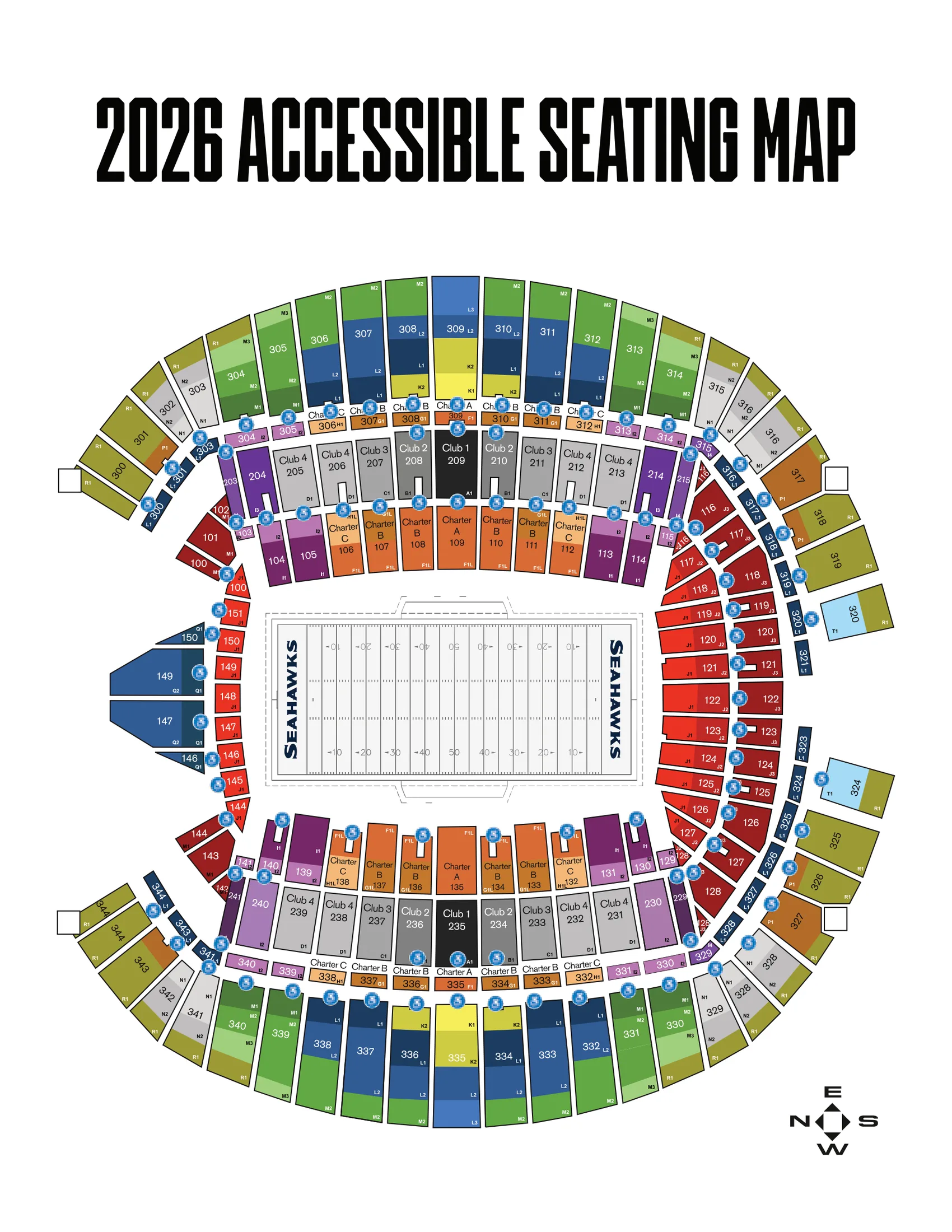 Lumen Field: Seating chart, Football · Seahawks · 2026 accessible seating. Use the source chart for section and row details.