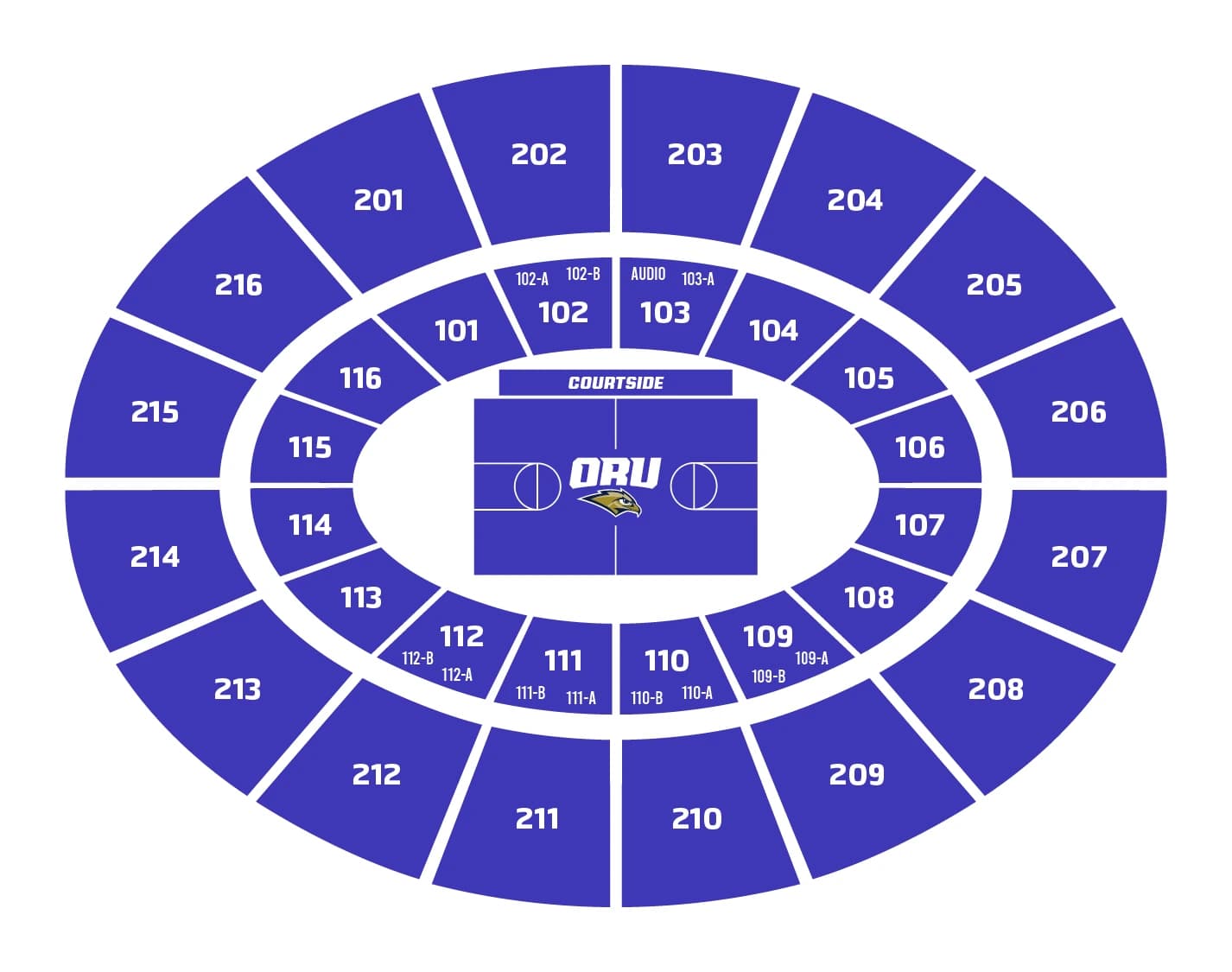 Mabee Center: Seating chart, Basketball Arena; 2025 source. Use the source chart for section and row details.