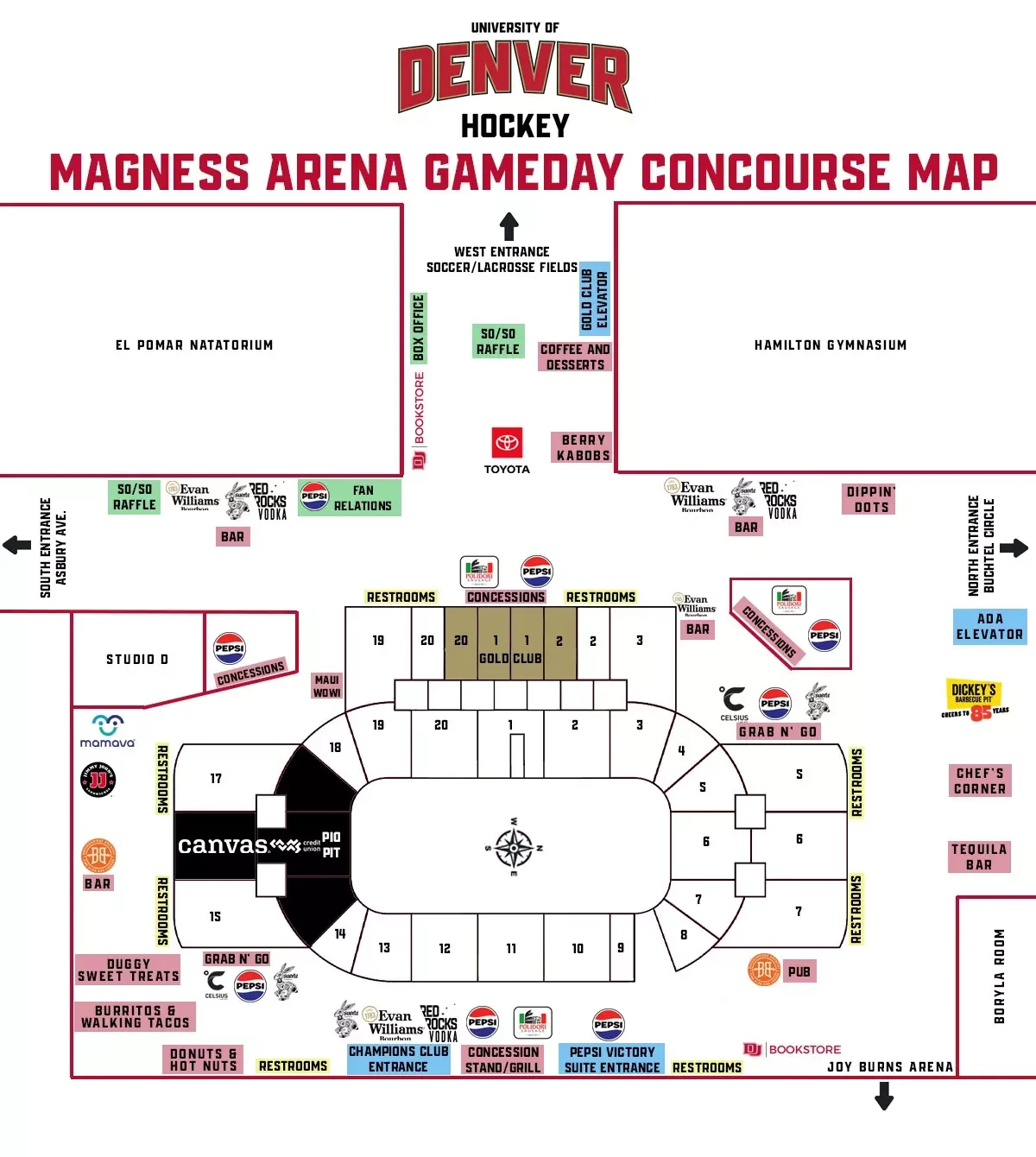 Magness Arena: Venue layout, Magness Arena — concourse and entrances. Use the original map for routes and visitor facilities.