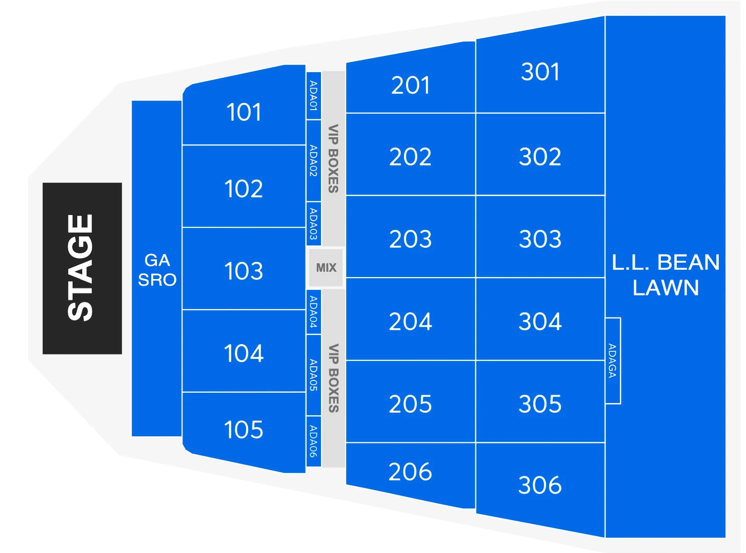 Maine Savings Amphitheater: Seating chart, Maine Savings Amphitheater — standing pit with reserved front sections. Use the source chart for section and row details.