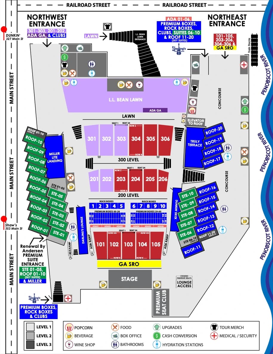 Maine Savings Amphitheater: Venue layout, Maine Savings Amphitheater — entrances, seating levels and amenities. Use the original map for routes and visitor facilities.