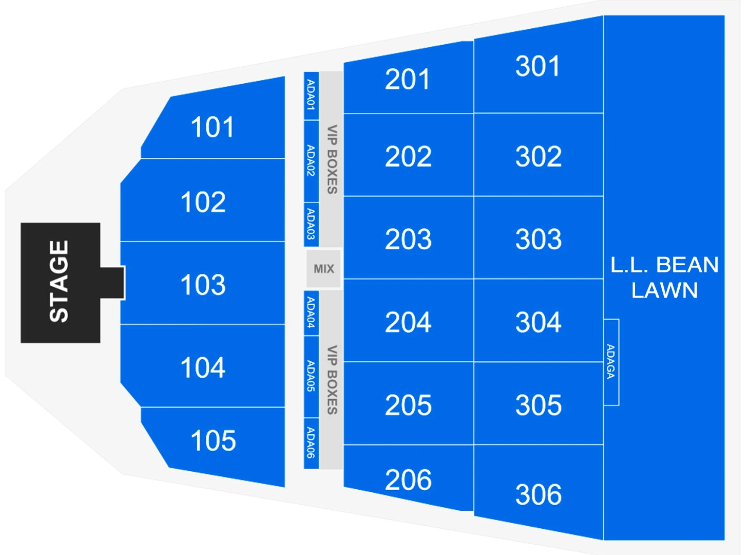 Maine Savings Amphitheater: Seating chart, Maine Savings Amphitheater — reserved front configuration. Use the source chart for section and row details.
