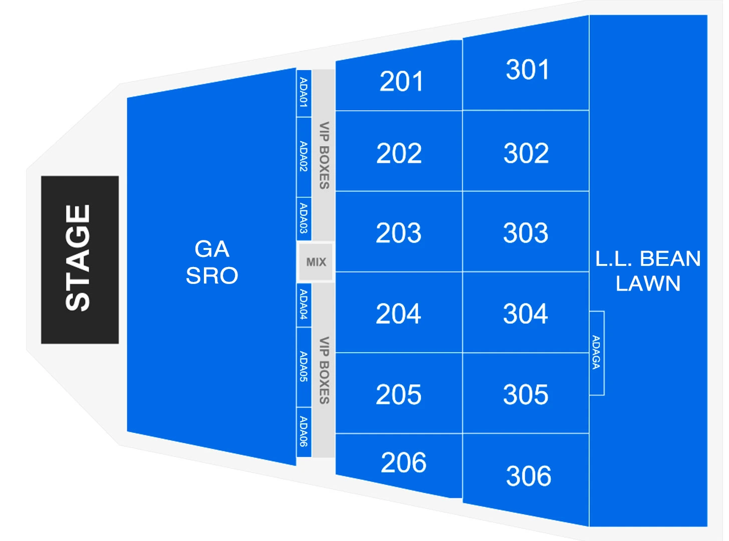 Maine Savings Amphitheater: Seating chart, Maine Savings Amphitheater — general-admission standing front configuration. Use the source chart for section and row details.