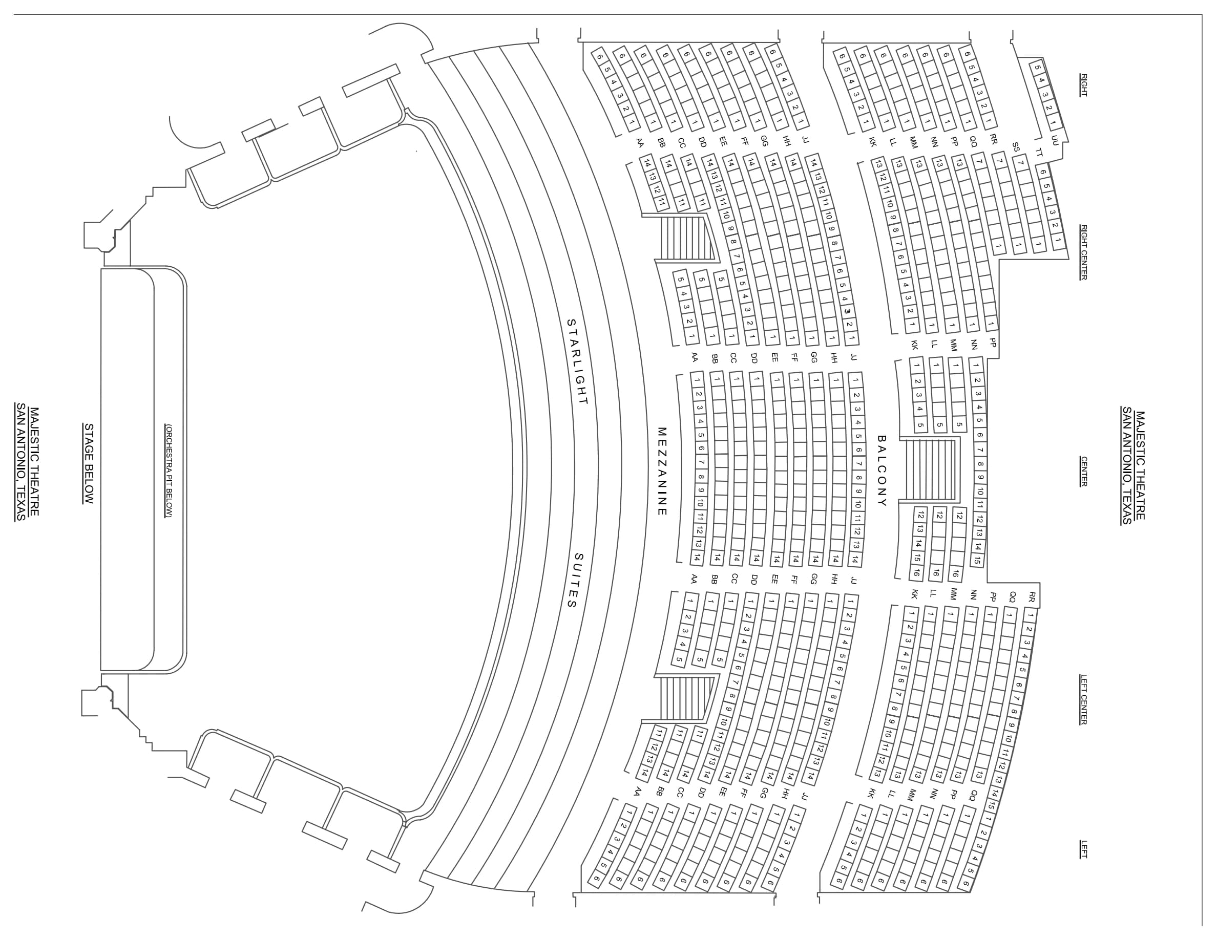 Majestic Theatre: Seating chart, Majestic Theatre San Antonio — upper levels. Use the source chart for section and row details.