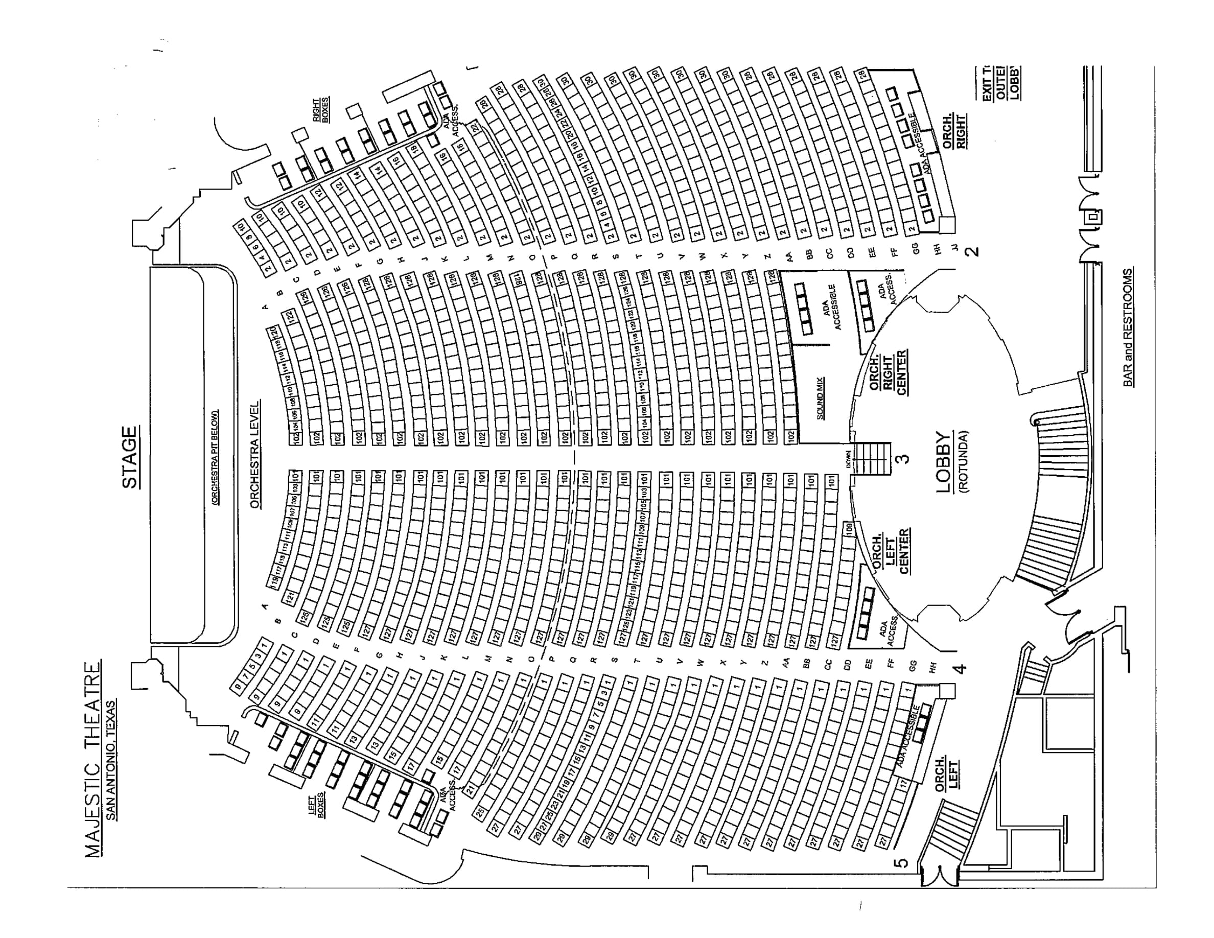 Majestic Theatre: Seating chart, Majestic Theatre San Antonio — Orchestra chart. Use the source chart for section and row details.