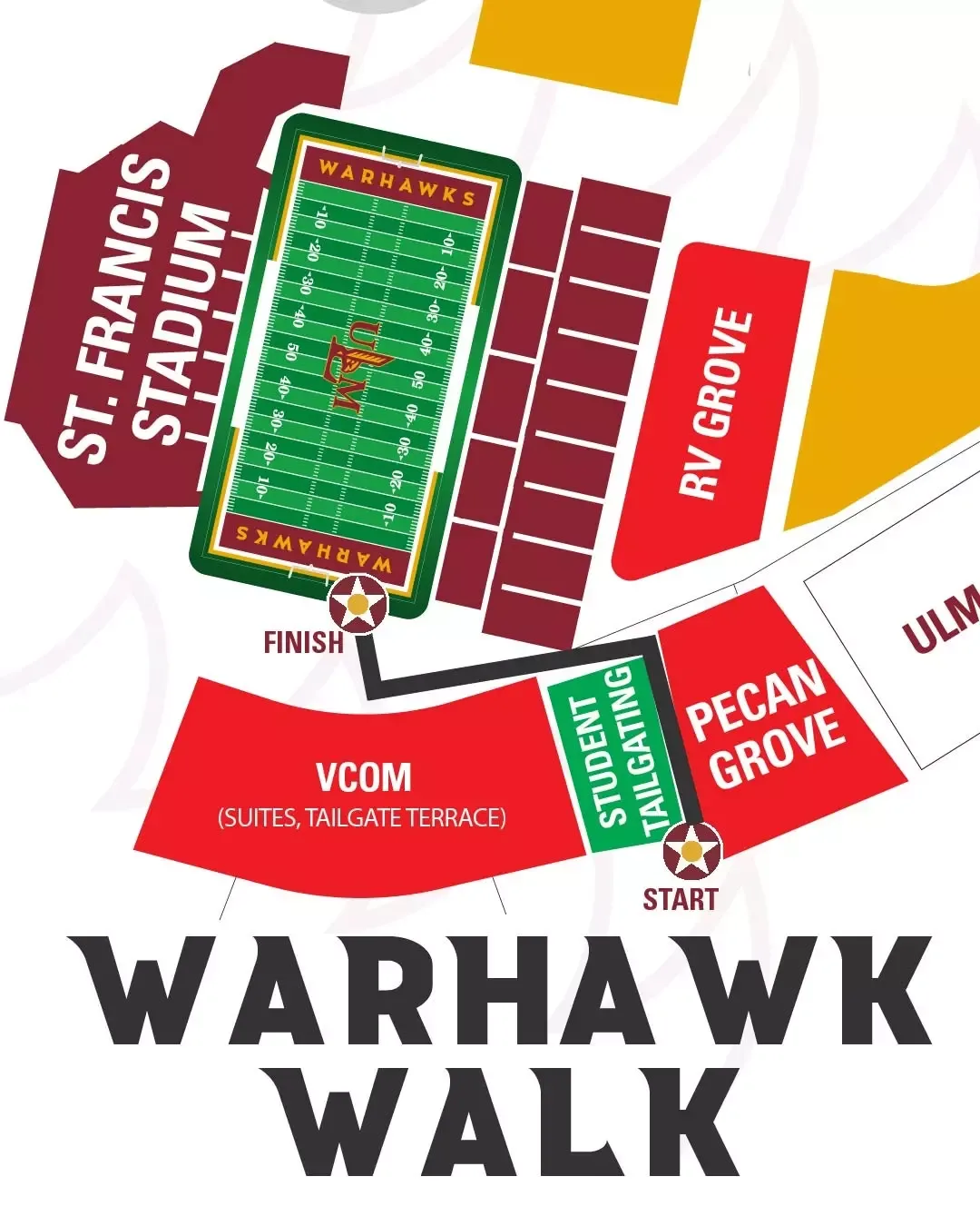 FMOL Health | St. Francis Stadium: Venue layout, Warhawk Walk team arrival route and stadium surroundings — 2026. Use the original map for routes and visitor facilities.
